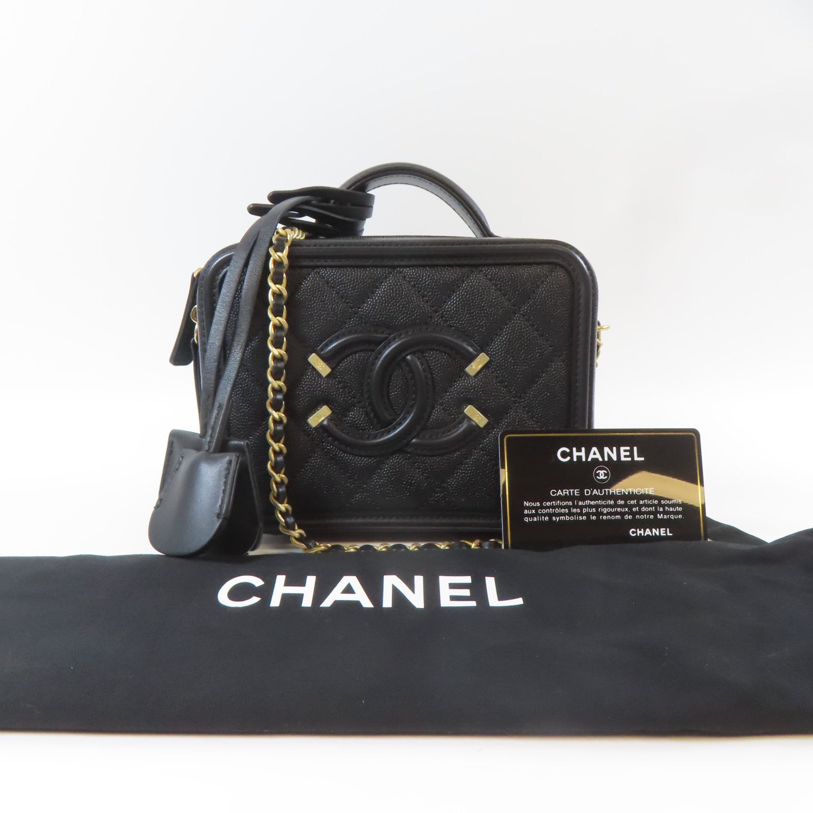 CHANEL 菱格Caviar皮革Filigree Vanity Case金扣手挽肩背兩用袋黑色