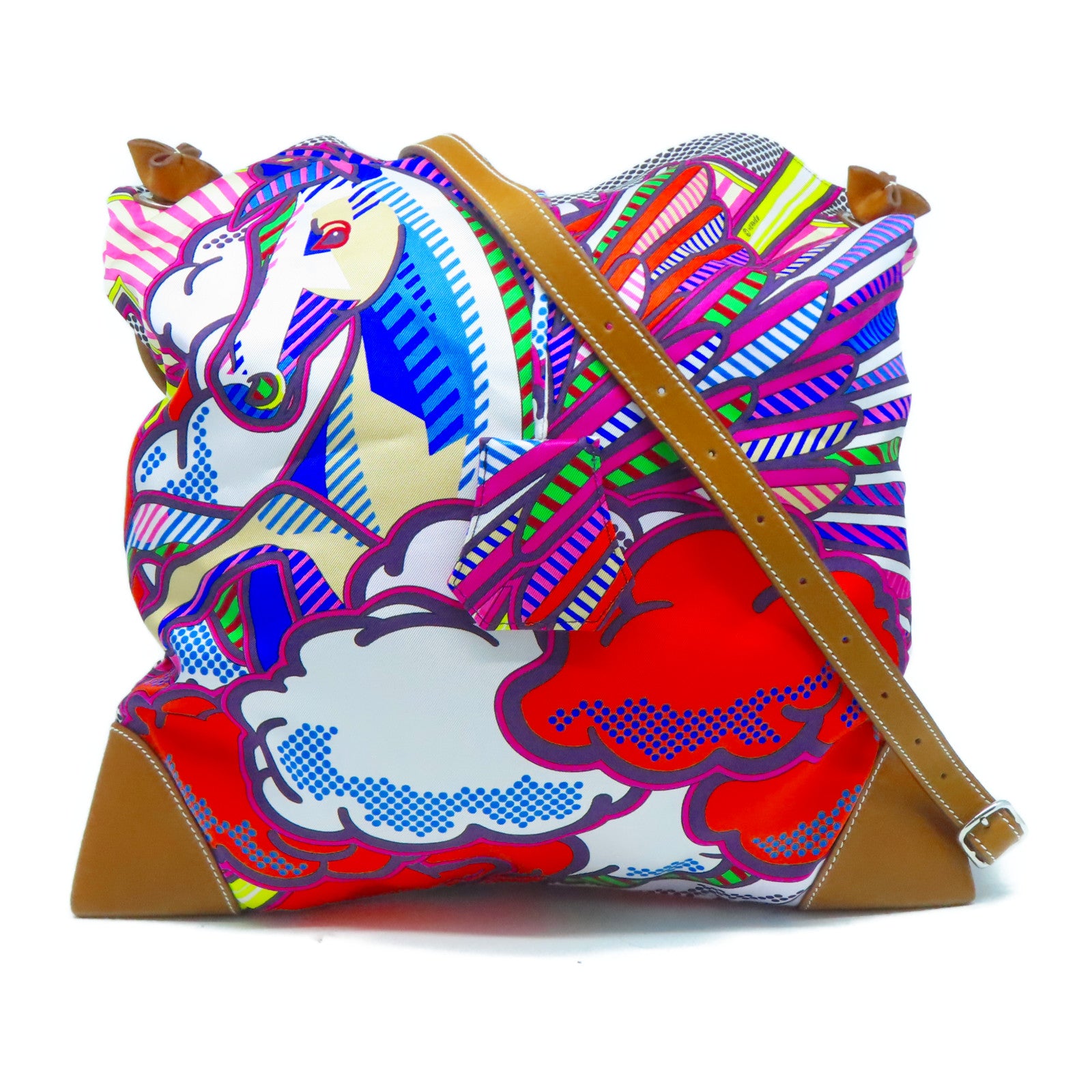 HERMES 絲質/皮革Silky City銀扣肩背袋彩色