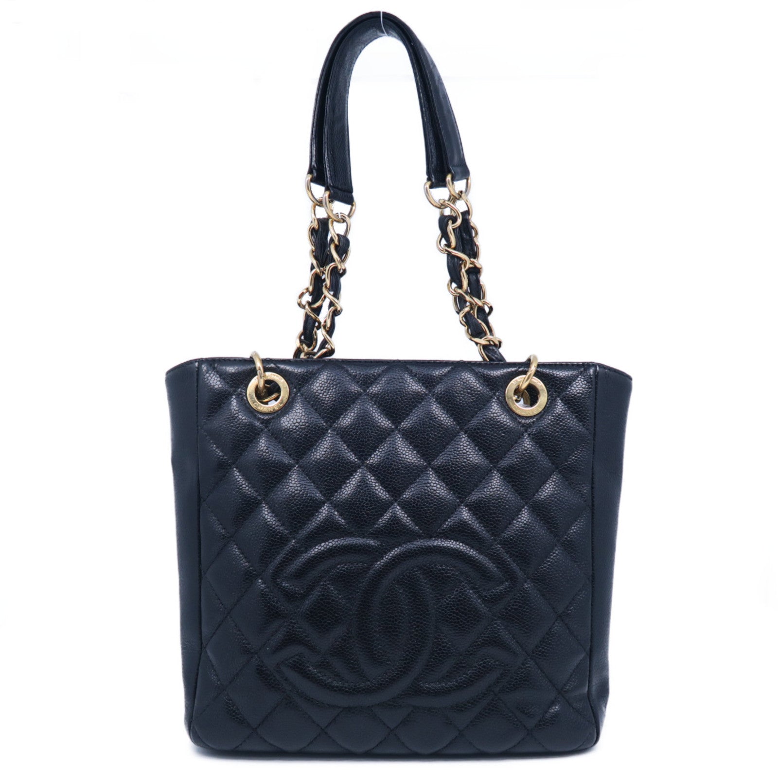 CHANEL 菱格Caviar皮革PST Petite Shopping Tote Bag金扣鏈帶肩背袋黑色