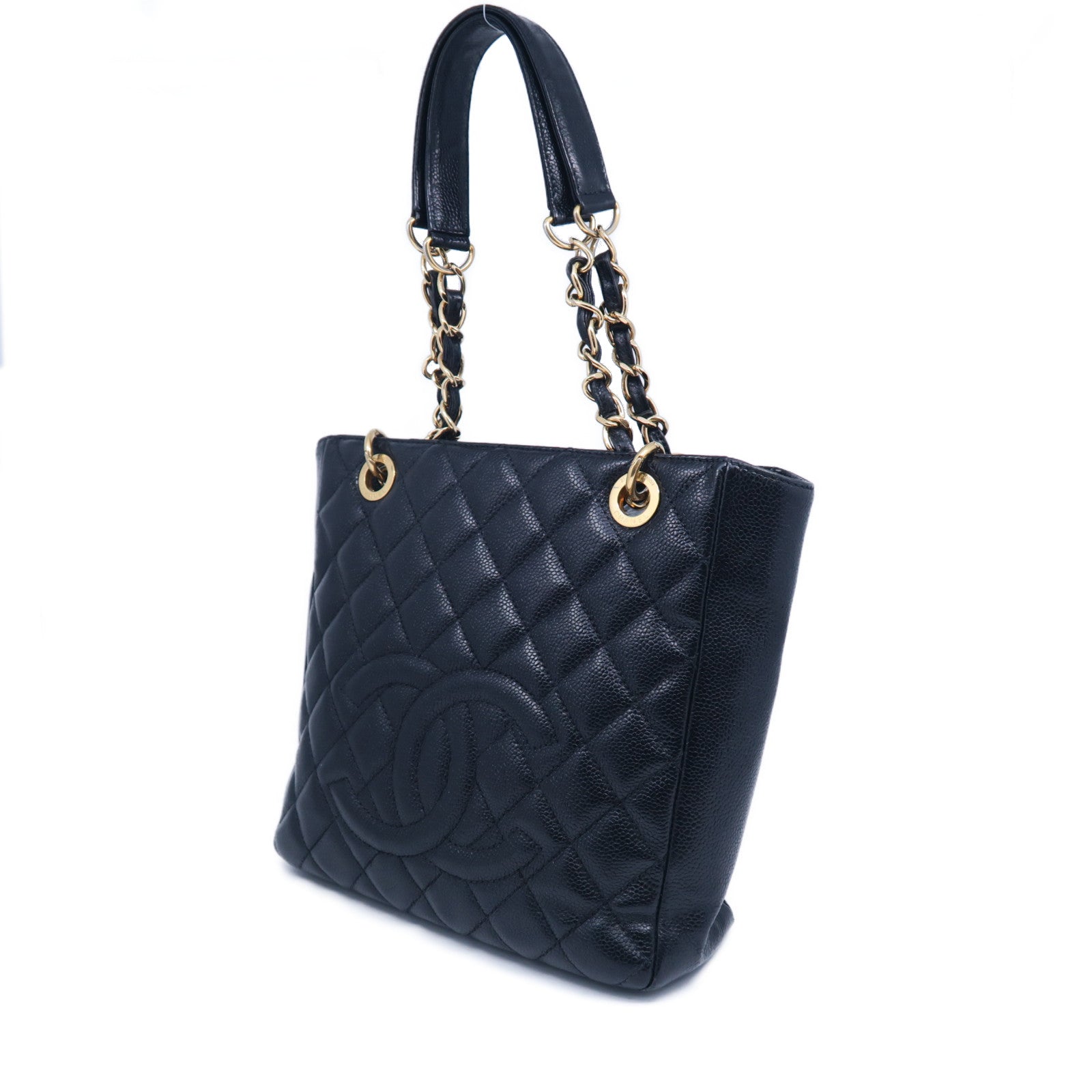 CHANEL 菱格Caviar皮革PST Petite Shopping Tote Bag金扣鏈帶肩背袋黑色