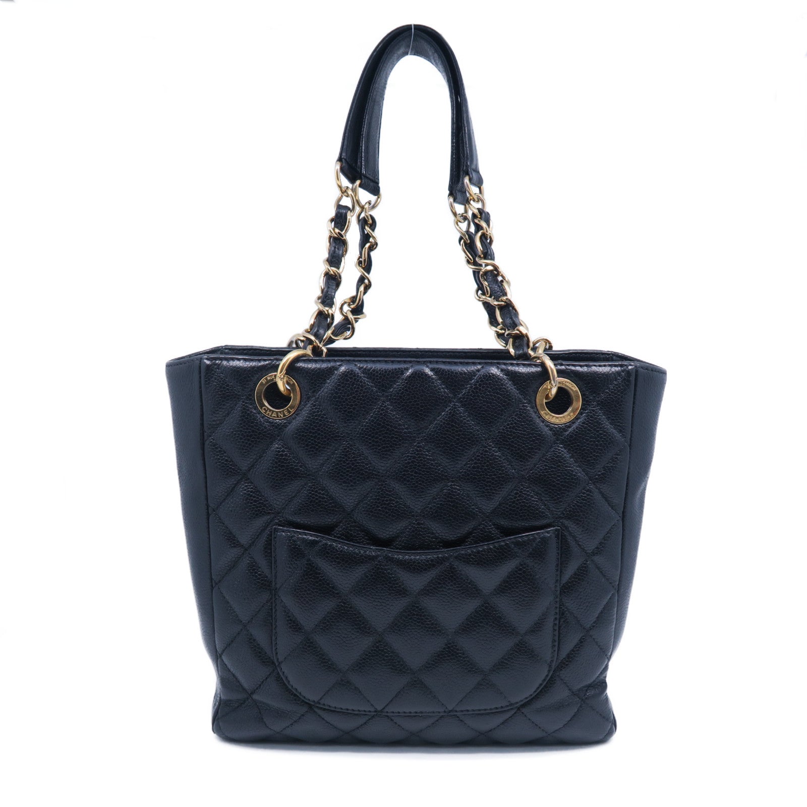 CHANEL 菱格Caviar皮革PST Petite Shopping Tote Bag金扣鏈帶肩背袋黑色