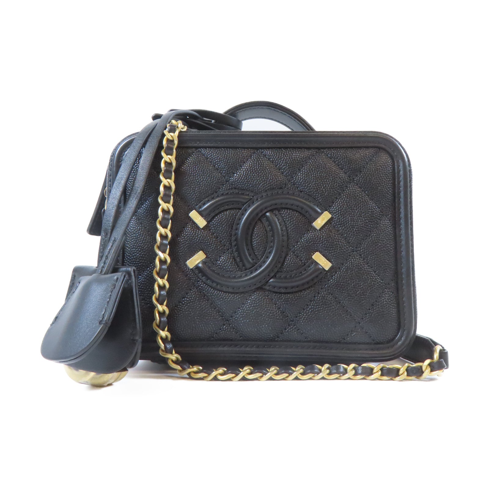 CHANEL 菱格Caviar皮革Filigree Vanity Case金扣手挽肩背兩用袋黑色