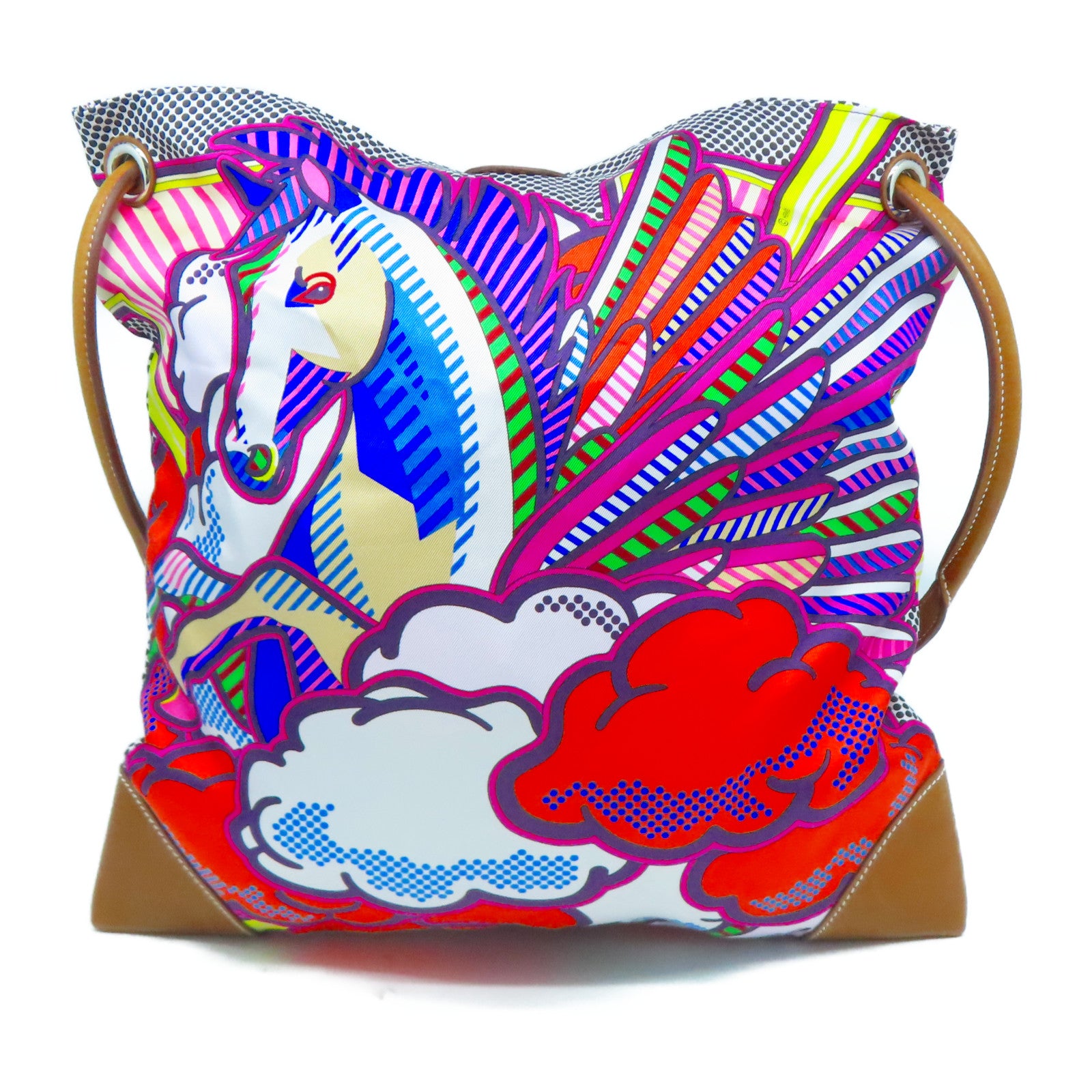 HERMES 絲質/皮革Silky City銀扣肩背袋彩色