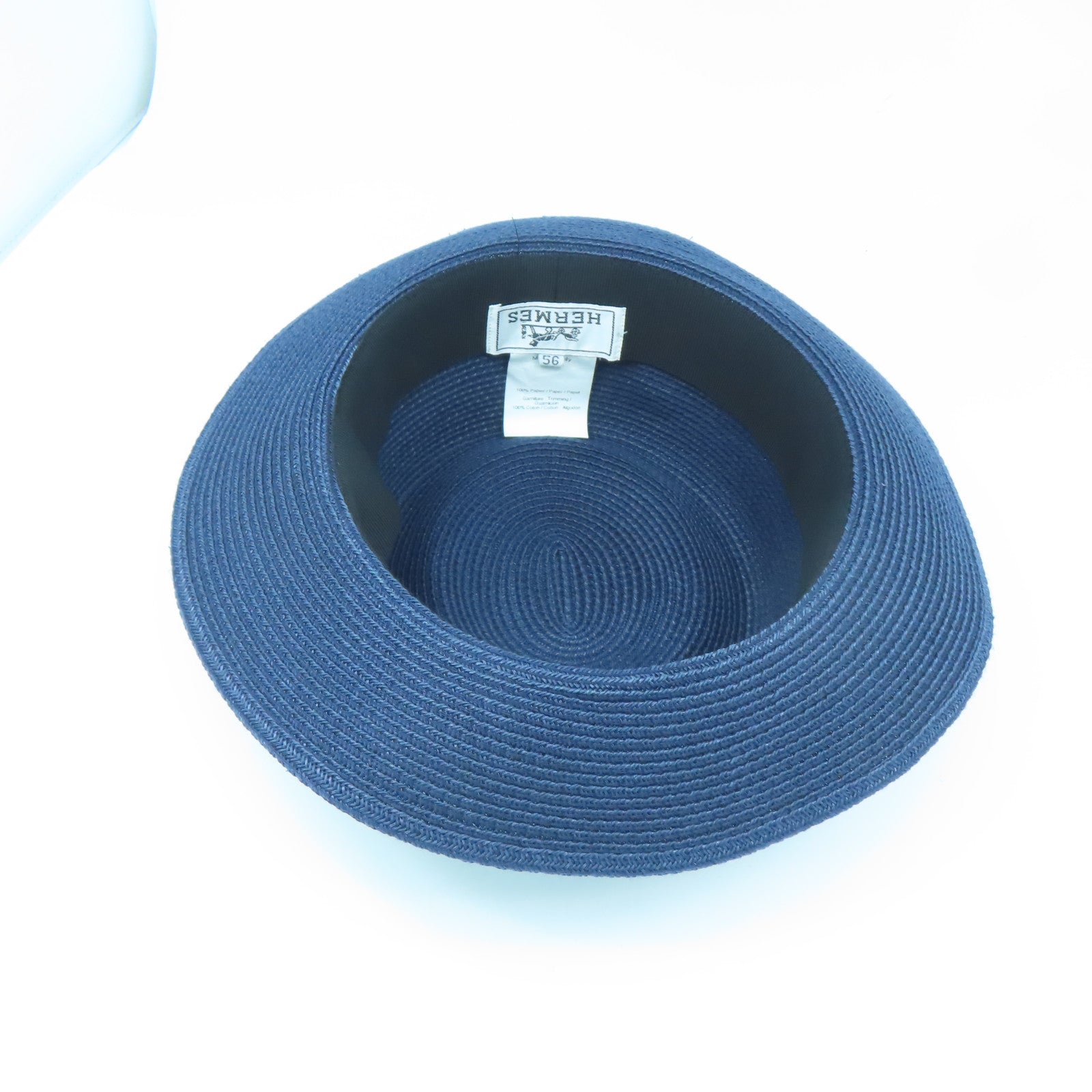 HERMES Rattan Fedora Hat Dark Blue #56