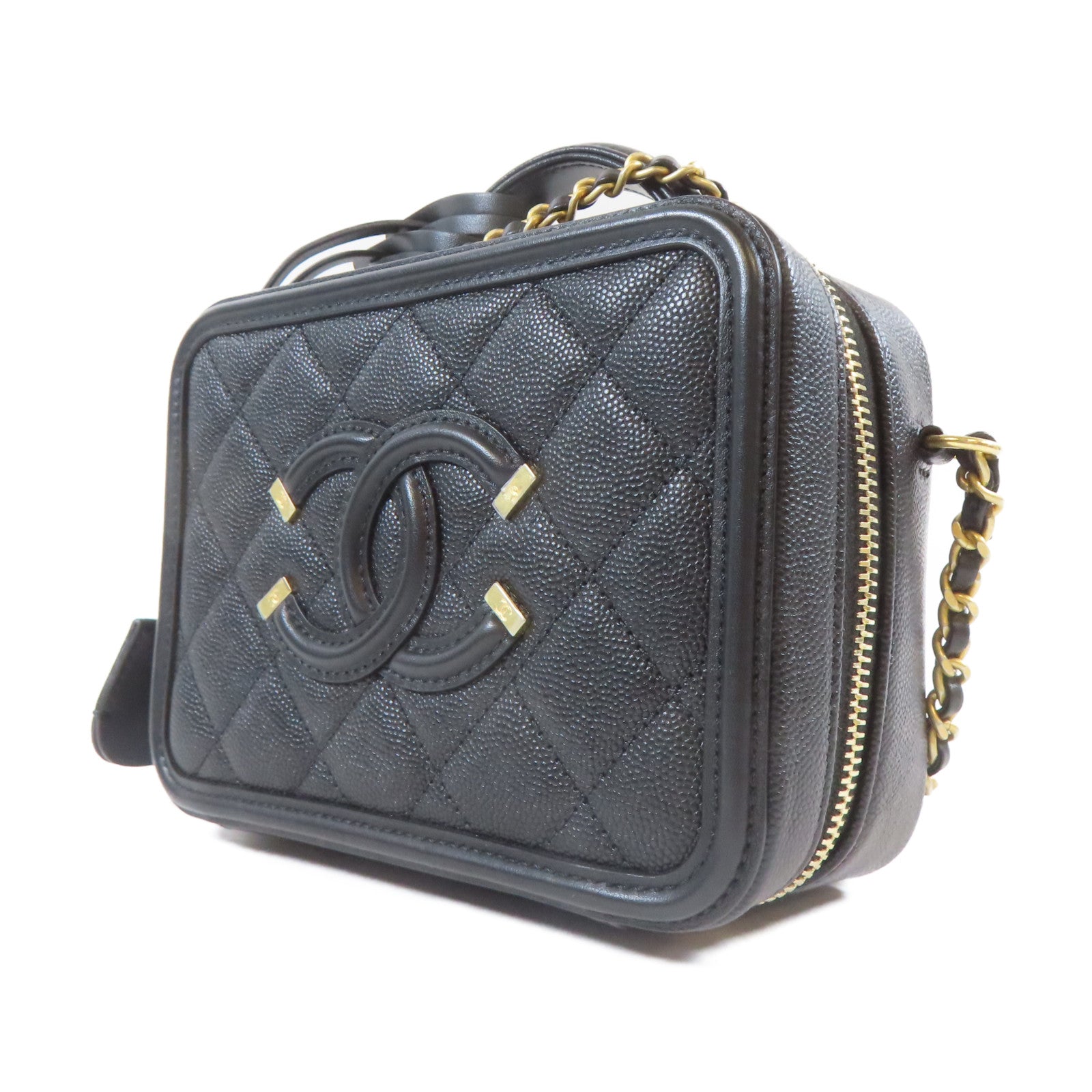 CHANEL 菱格Caviar皮革Filigree Vanity Case金扣手挽肩背兩用袋黑色