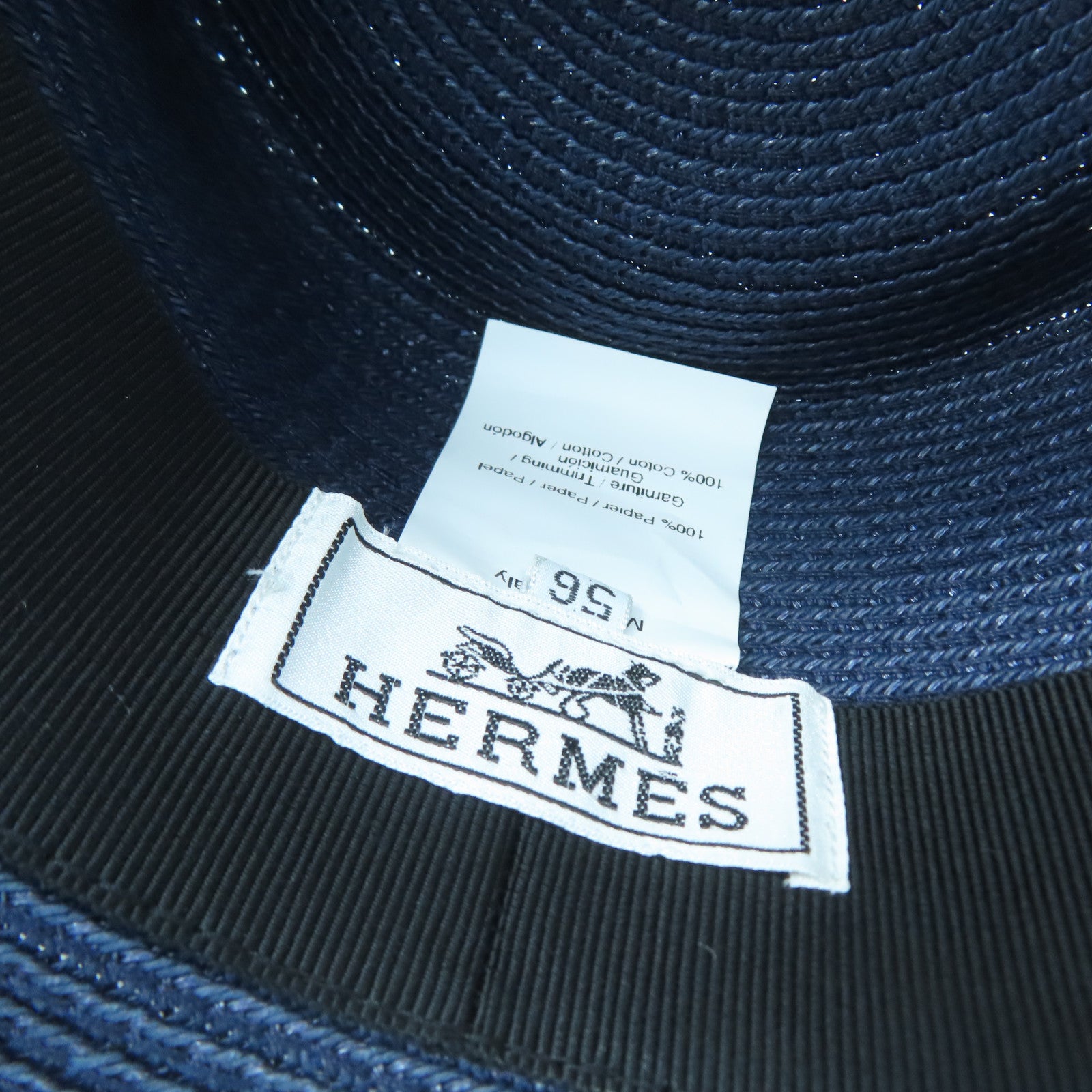 HERMES Rattan Fedora Hat Dark Blue #56