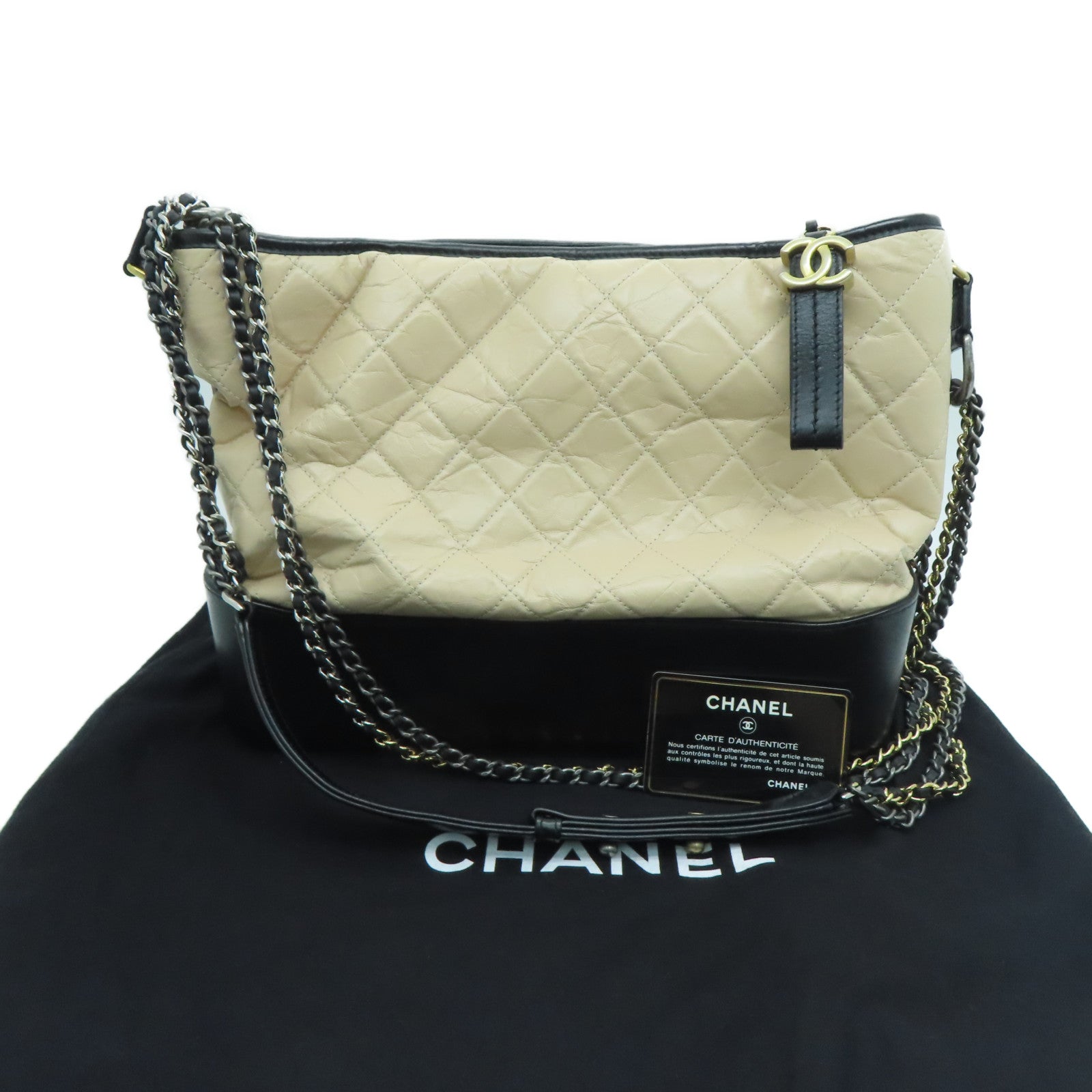 CHANEL 【激減優惠】牛皮皮革Cabrielle Shoulder Bag銀扣肩背袋米色黑色