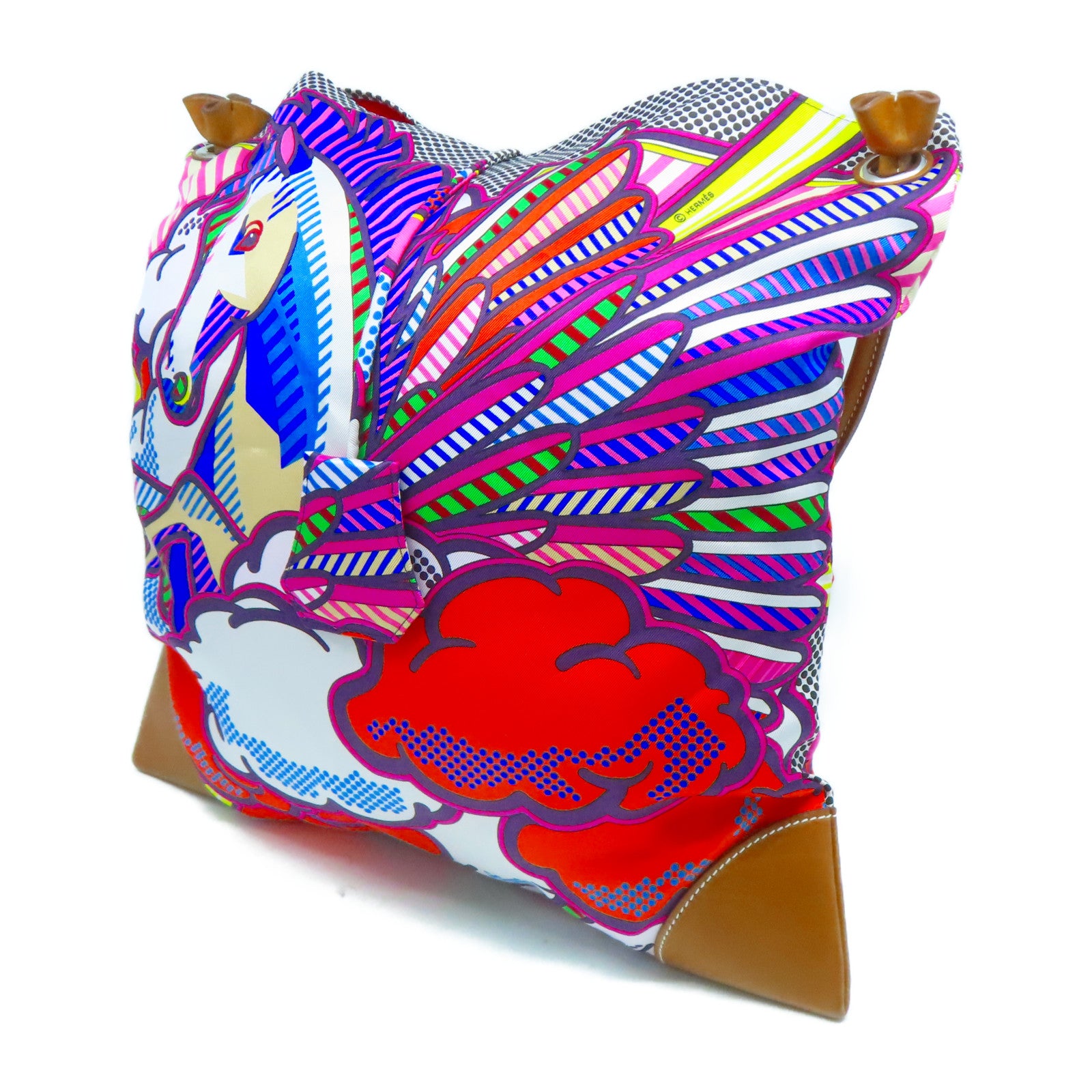 HERMES 絲質/皮革Silky City銀扣肩背袋彩色