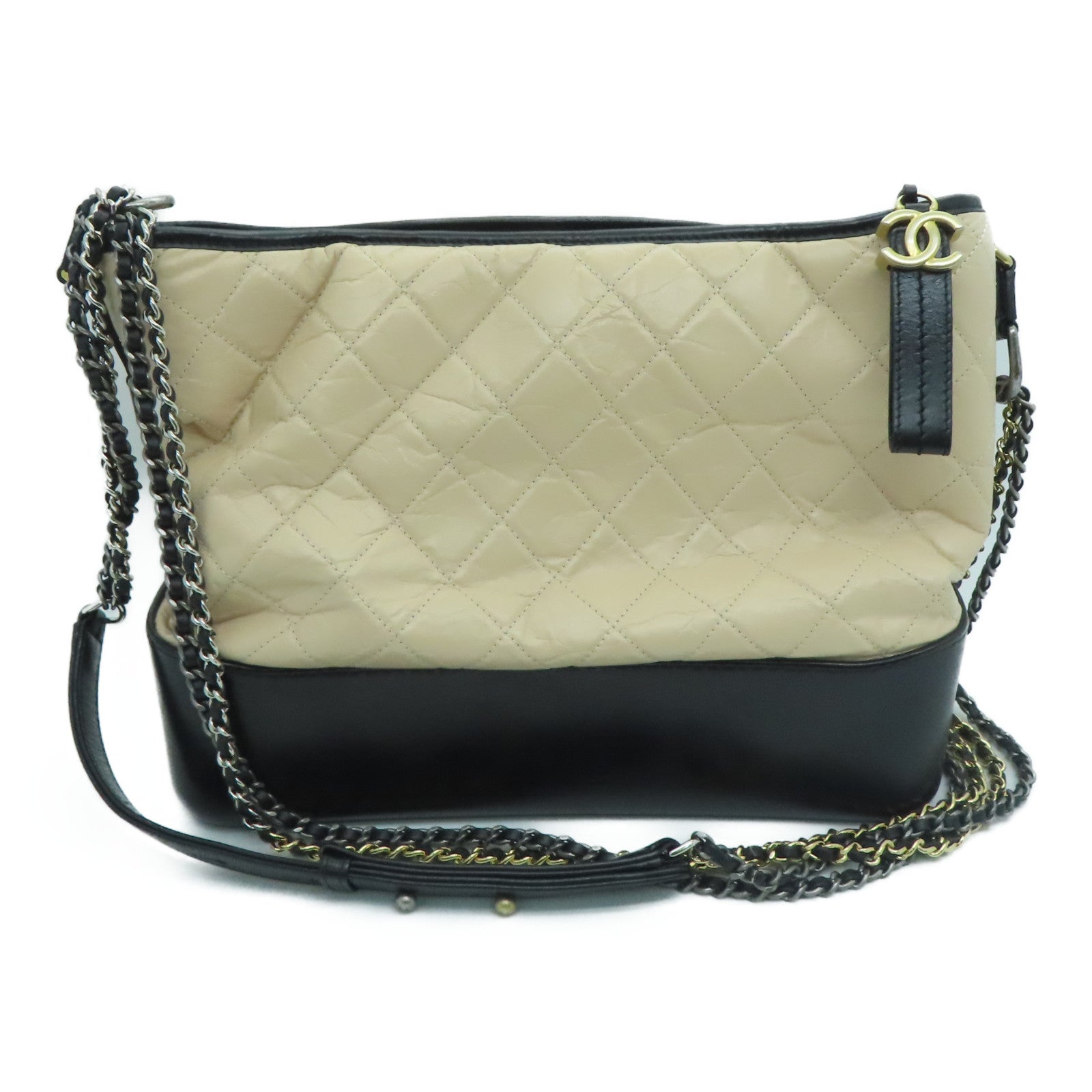 CHANEL 【激減優惠】牛皮皮革Cabrielle Shoulder Bag銀扣肩背袋米色黑色
