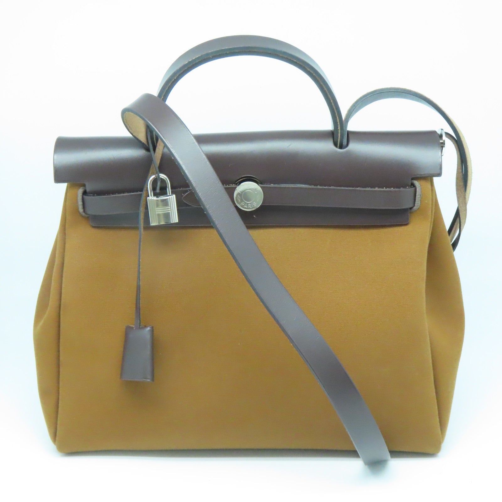 HERMES 【激減優惠】帆布Herbag PM銀扣手挽肩背兩用袋粟子色/海藍色/咖啡色