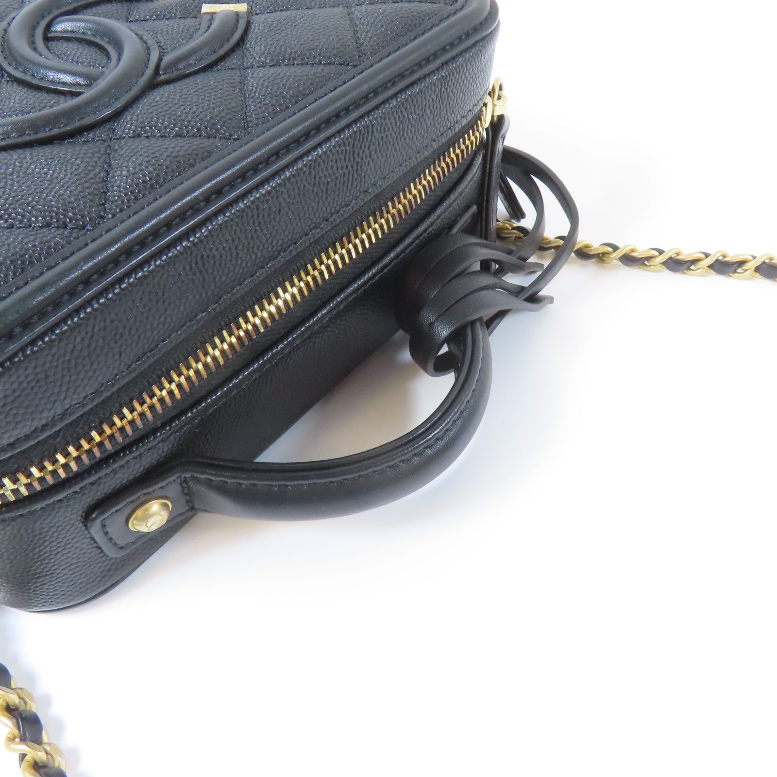 CHANEL 菱格Caviar皮革Filigree Vanity Case金扣手挽肩背兩用袋黑色