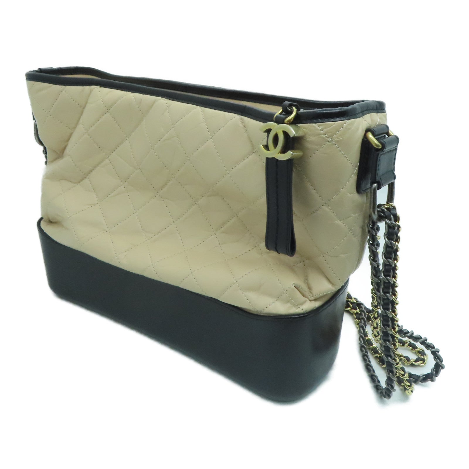 CHANEL 【激減優惠】牛皮皮革Cabrielle Shoulder Bag銀扣肩背袋米色黑色
