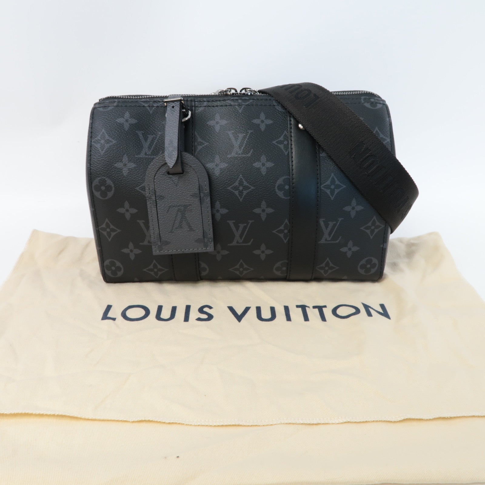 LOUIS VUITTON Monogram Eclipse City Keepall銀扣手挽肩背兩用袋黑色/灰色
