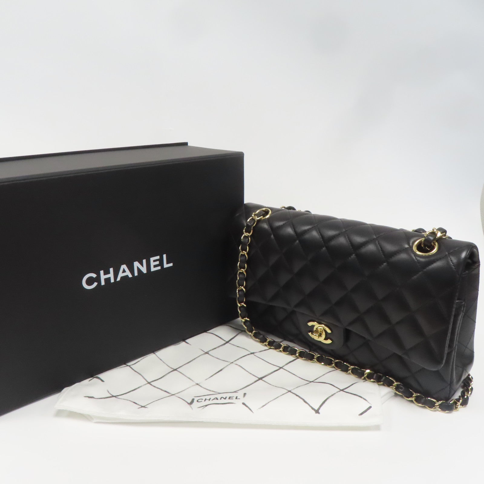CHANEL 菱格羊皮皮革Classic 25金扣鏈帶肩背袋黑色