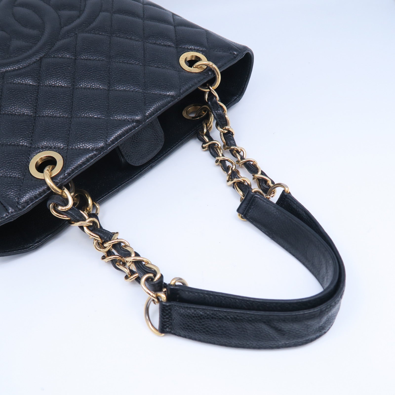 CHANEL 菱格Caviar皮革PST Petite Shopping Tote Bag金扣鏈帶肩背袋黑色