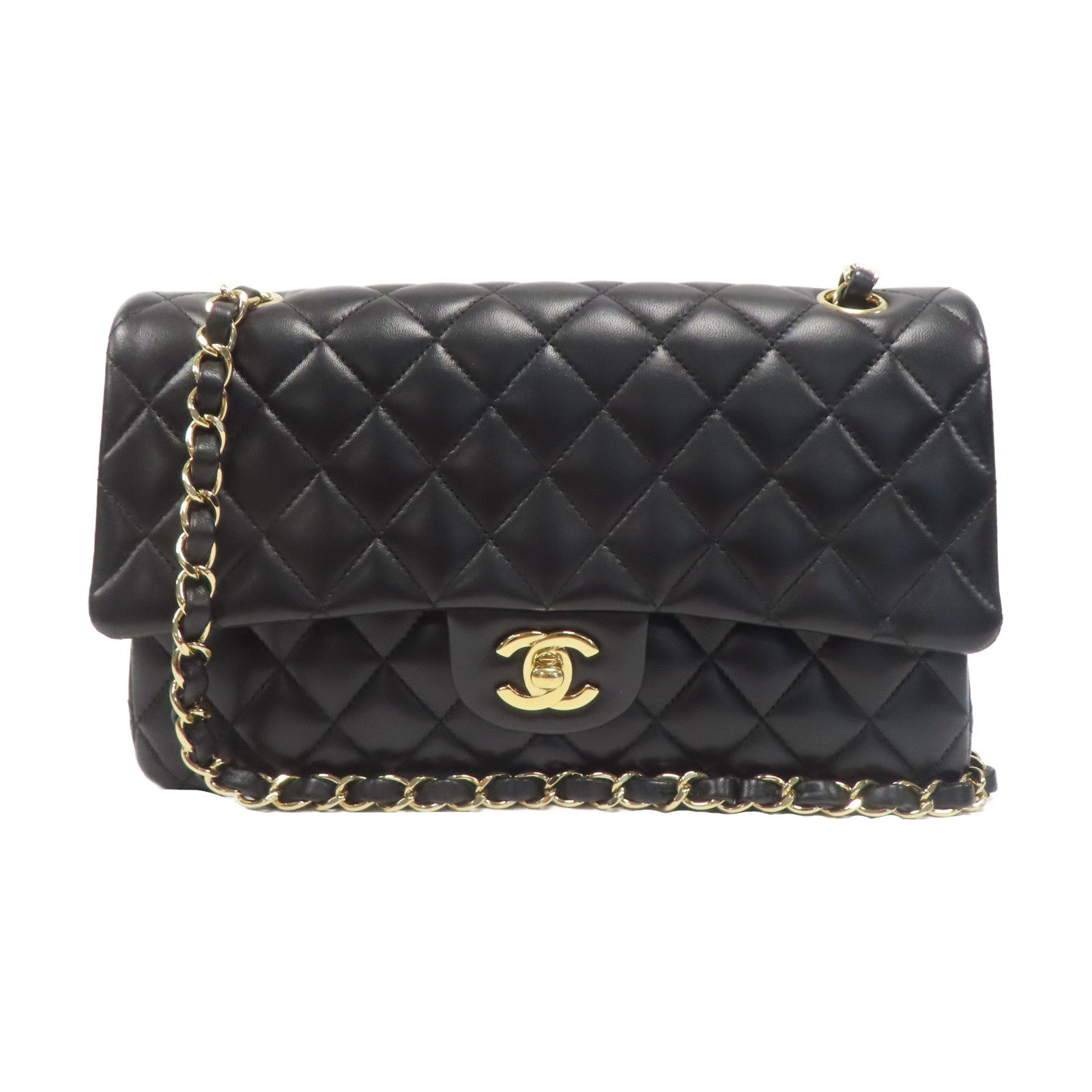 CHANEL 菱格羊皮皮革Classic 25金扣鏈帶肩背袋黑色