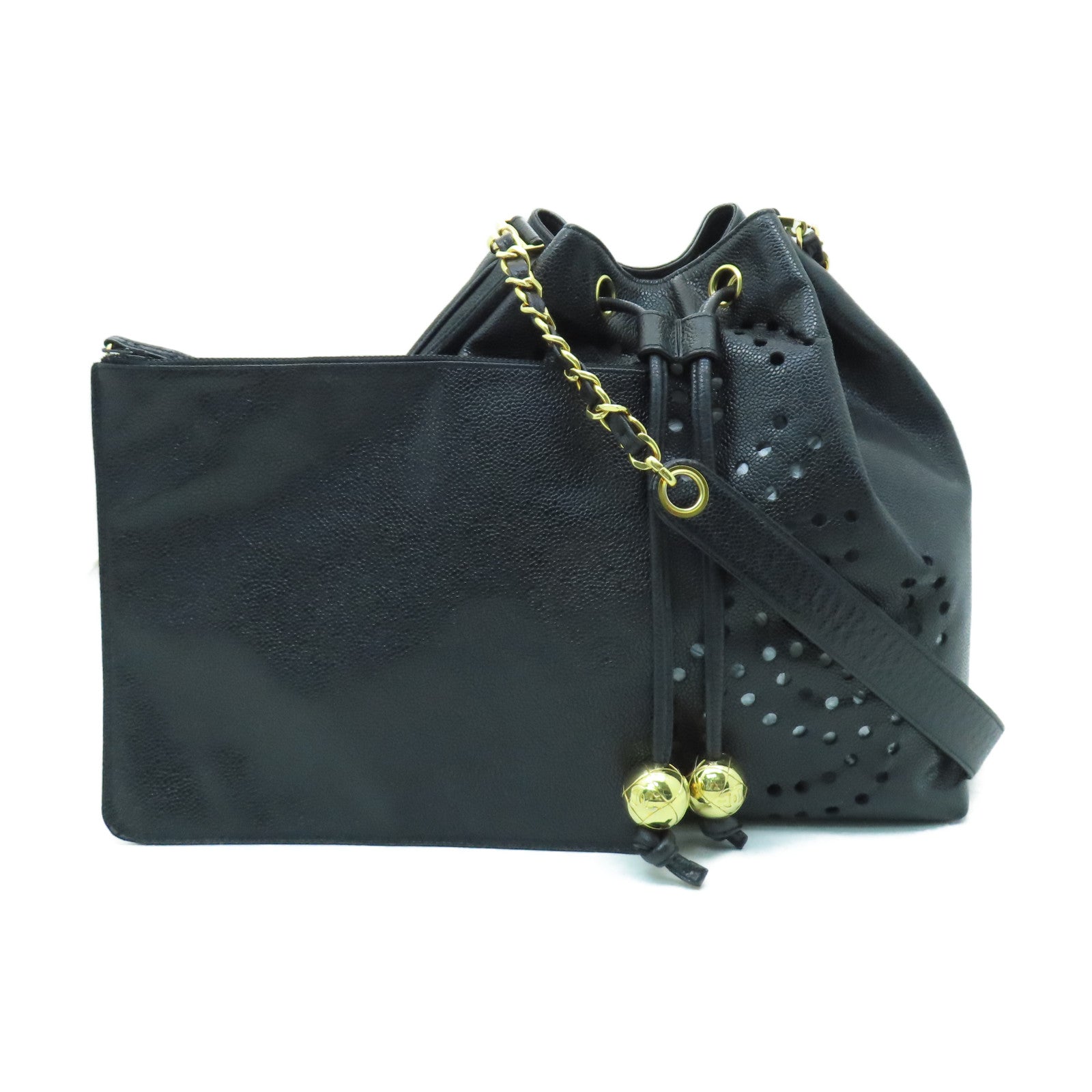 CHANEL Caviar皮革Vintage Bag金扣鏈帶肩背袋黑色