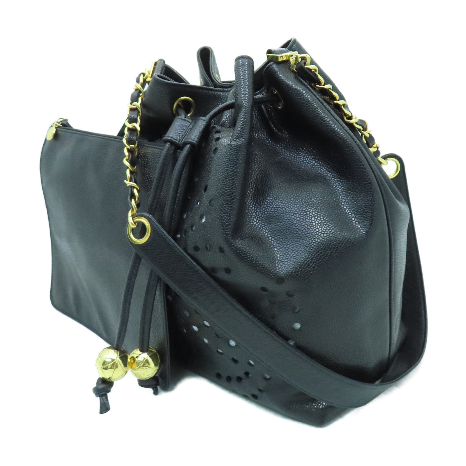 CHANEL Caviar皮革Vintage Bag金扣鏈帶肩背袋黑色