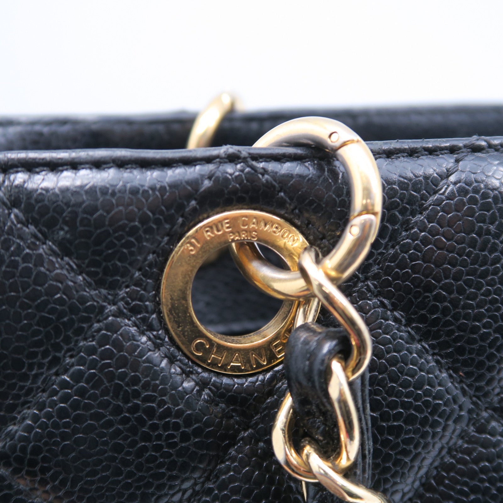CHANEL 菱格Caviar皮革PST Petite Shopping Tote Bag金扣鏈帶肩背袋黑色
