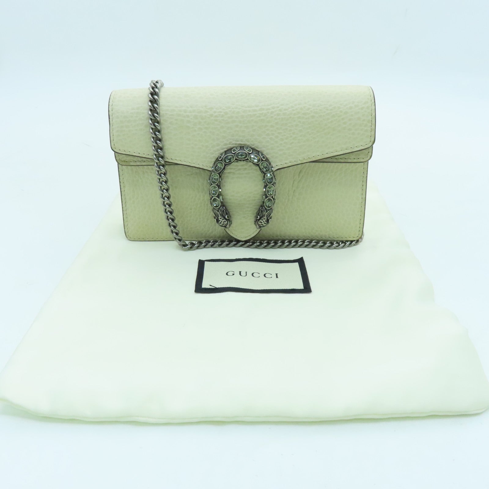 GUCCI cowhide leather Dionysus Super Mini silver buckle chain shoulder bag beige