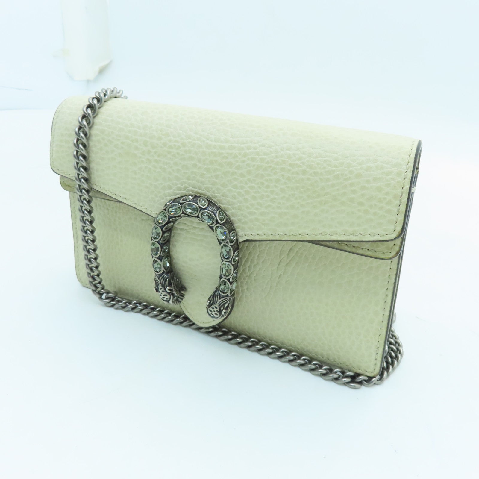 GUCCI cowhide leather Dionysus Super Mini silver buckle chain shoulder bag beige
