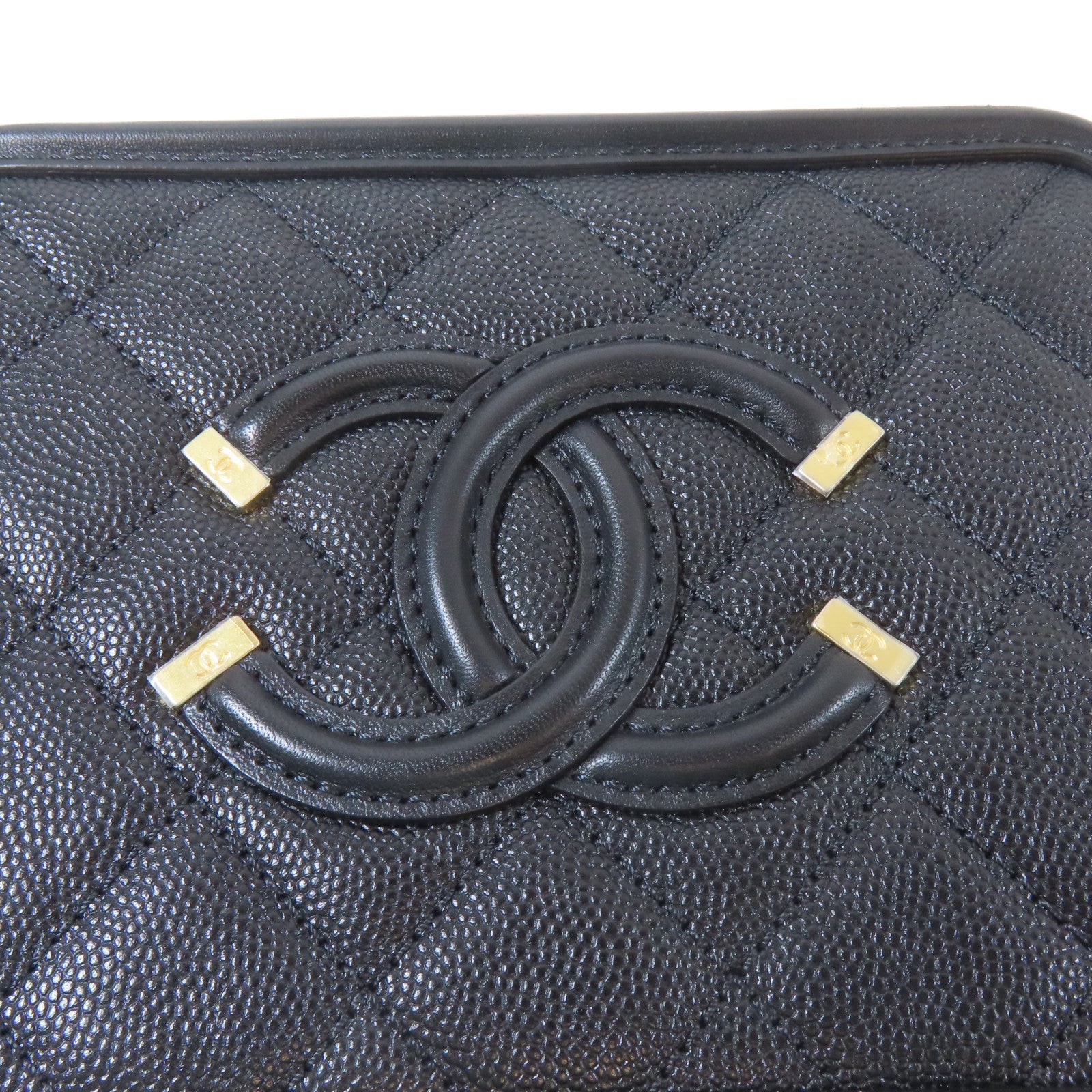 CHANEL 菱格Caviar皮革Filigree Vanity Case金扣手挽肩背兩用袋黑色