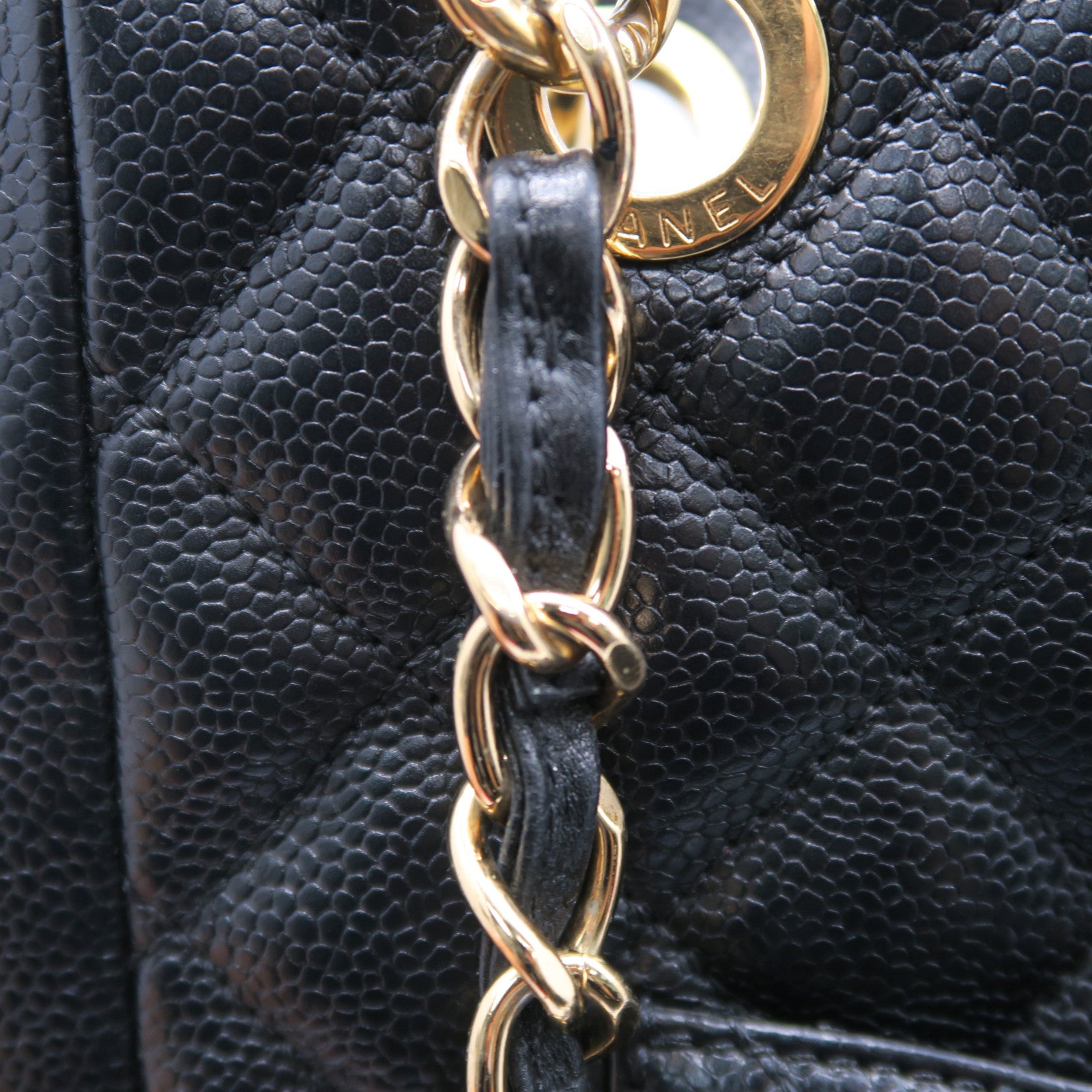 CHANEL 菱格Caviar皮革PST Petite Shopping Tote Bag金扣鏈帶肩背袋黑色