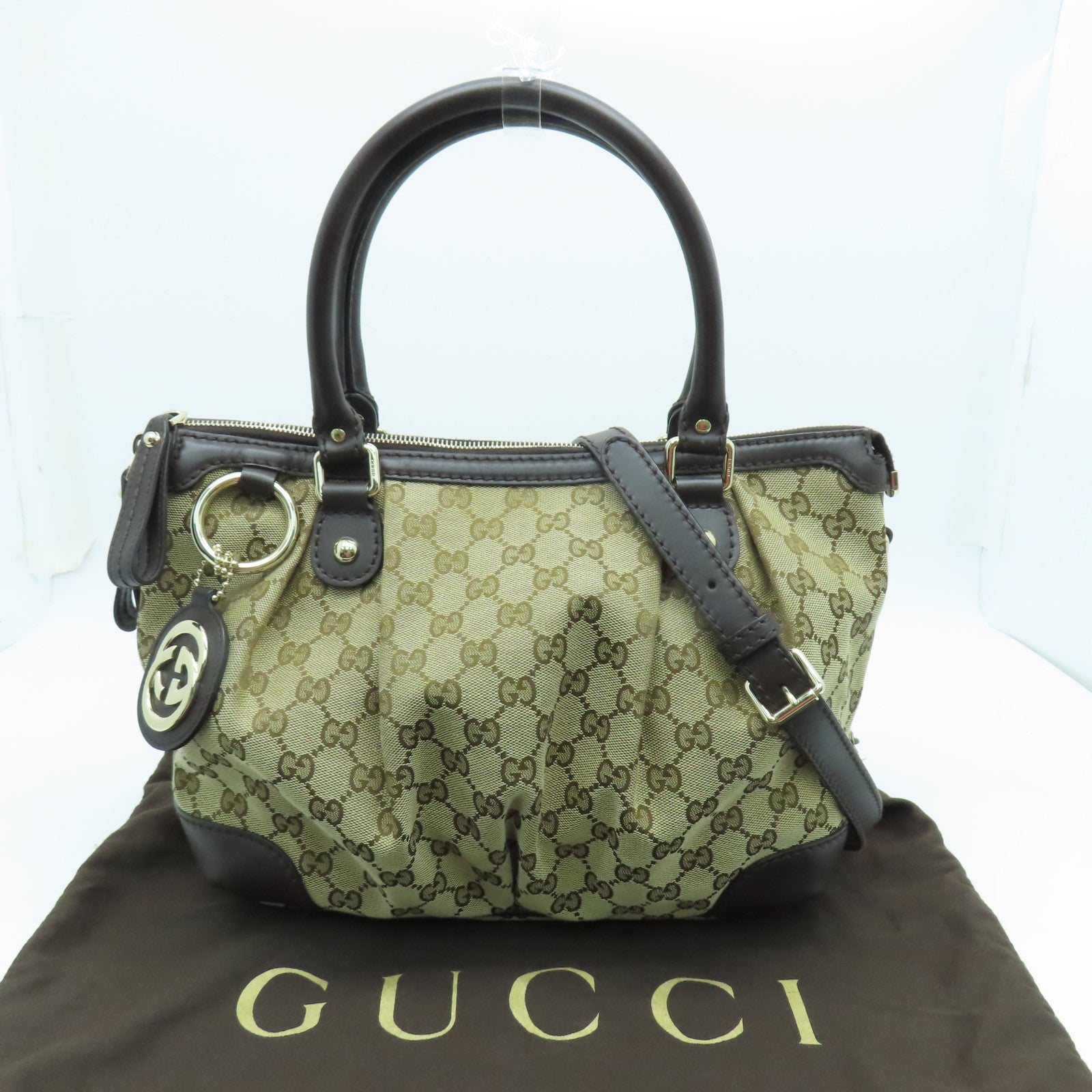 GUCCI 帆布2way Shoulder Bag金扣手挽肩背两用袋啡色