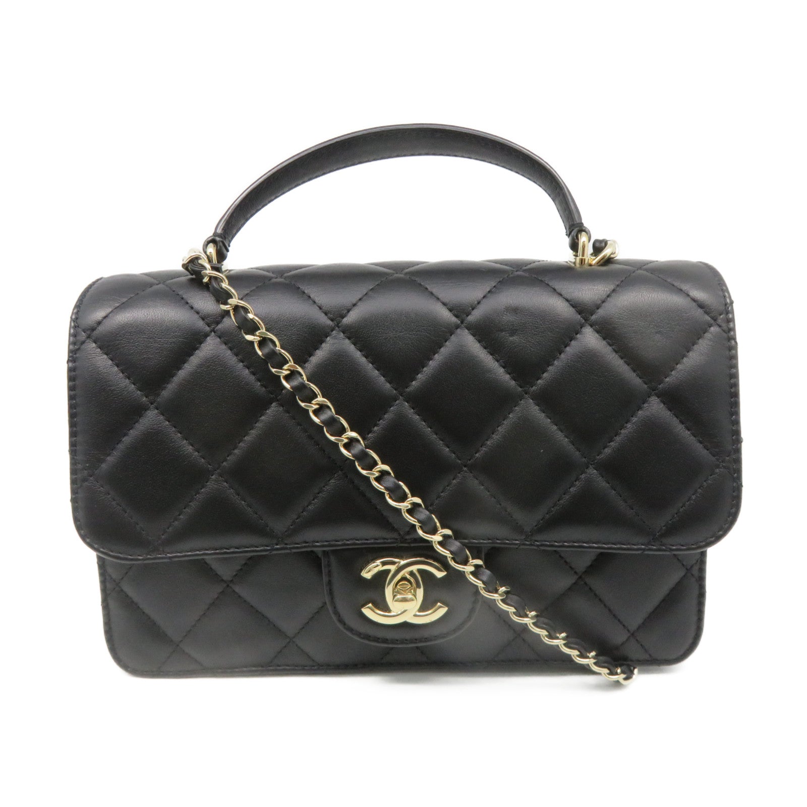 CHANEL 菱格羊皮皮革Chain Shoulder金扣鏈帶肩背袋肩背袋黑色