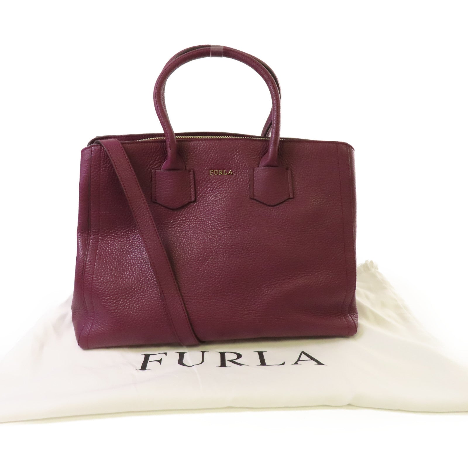 Furla 皮革2Way Shoulder Bag金扣手挽肩背兩用袋酒紅色