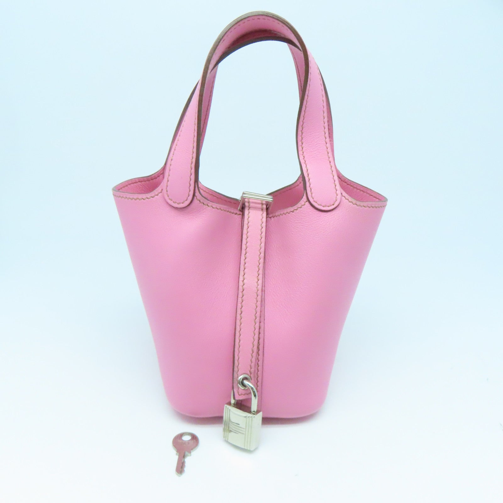 HERMES Evercolor皮革Micro Picotin Lock銀扣手挽袋粉紅色