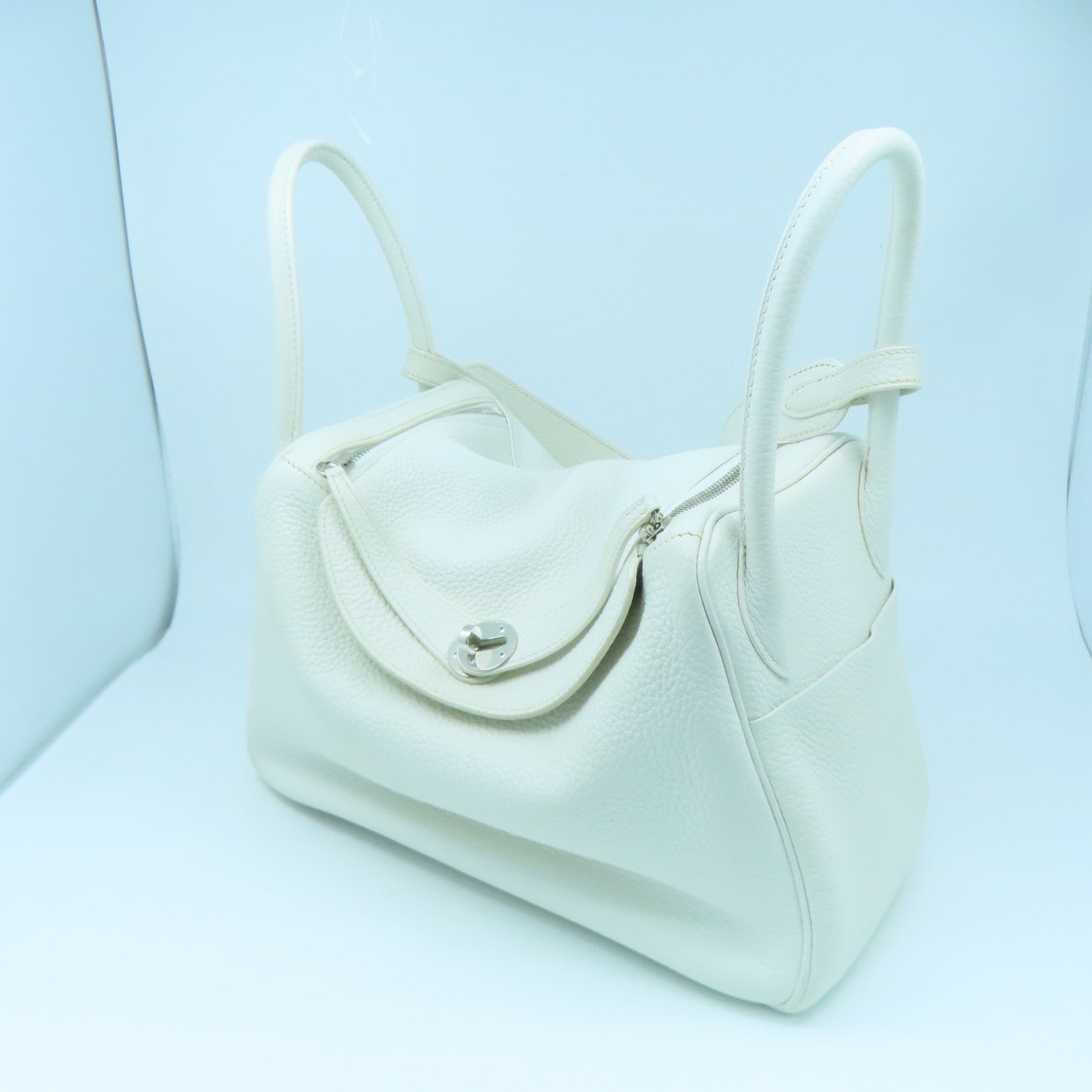 HERMES Clemence Leather Lindy 30 Silver Buckle Handle Shoulder Bag White