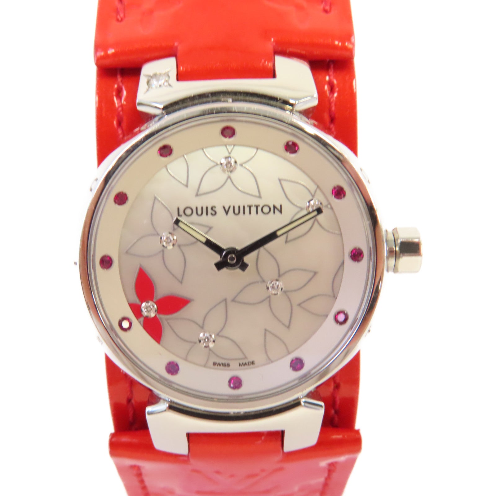 LOUIS VUITTON Monogram Vernis Tambour Lovely Rack Watch不鏽鋼/皮帶石英機芯手錶白色/紅色