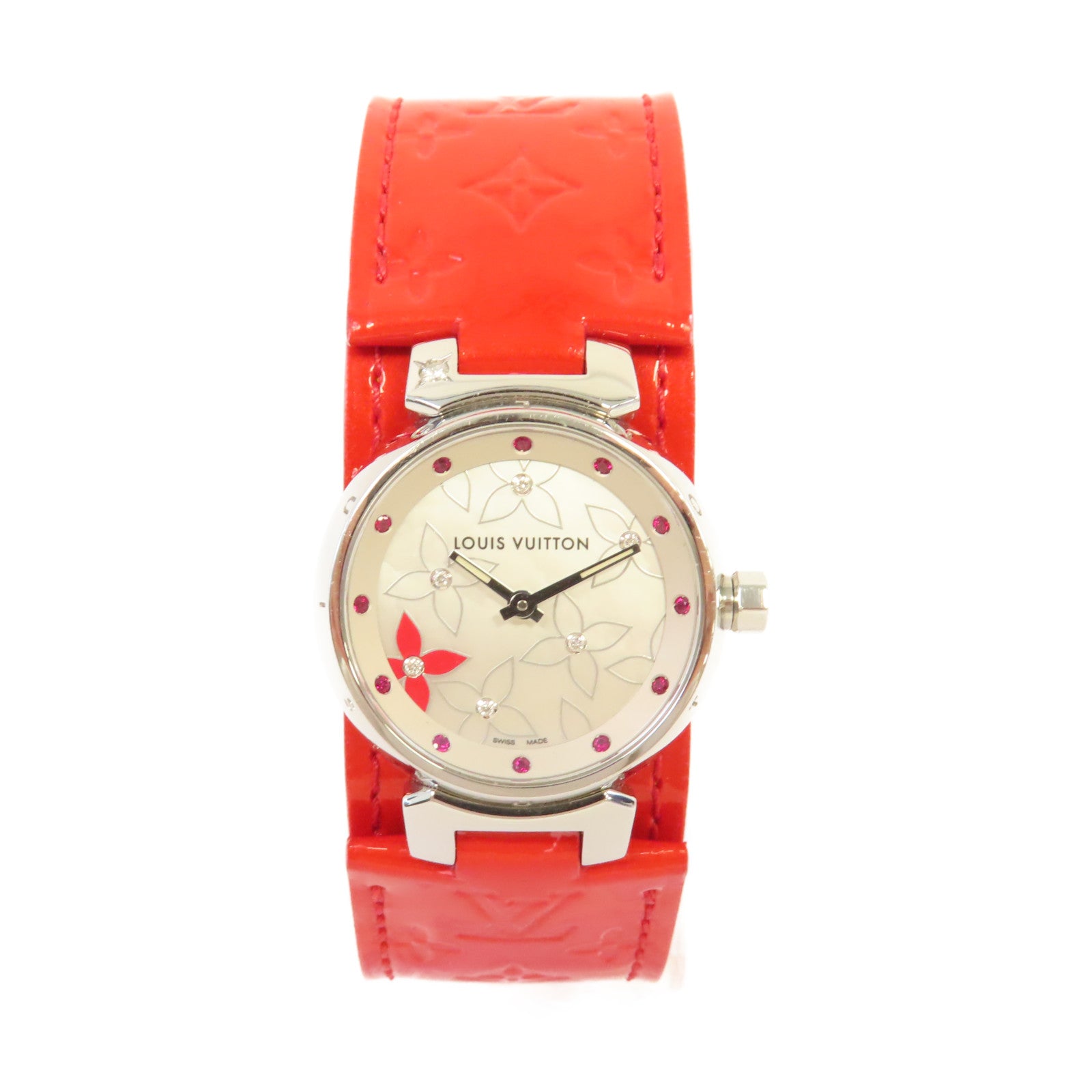 LOUIS VUITTON Monogram Vernis Tambour Lovely Rack Watch不鏽鋼/皮帶石英機芯手錶白色/紅色