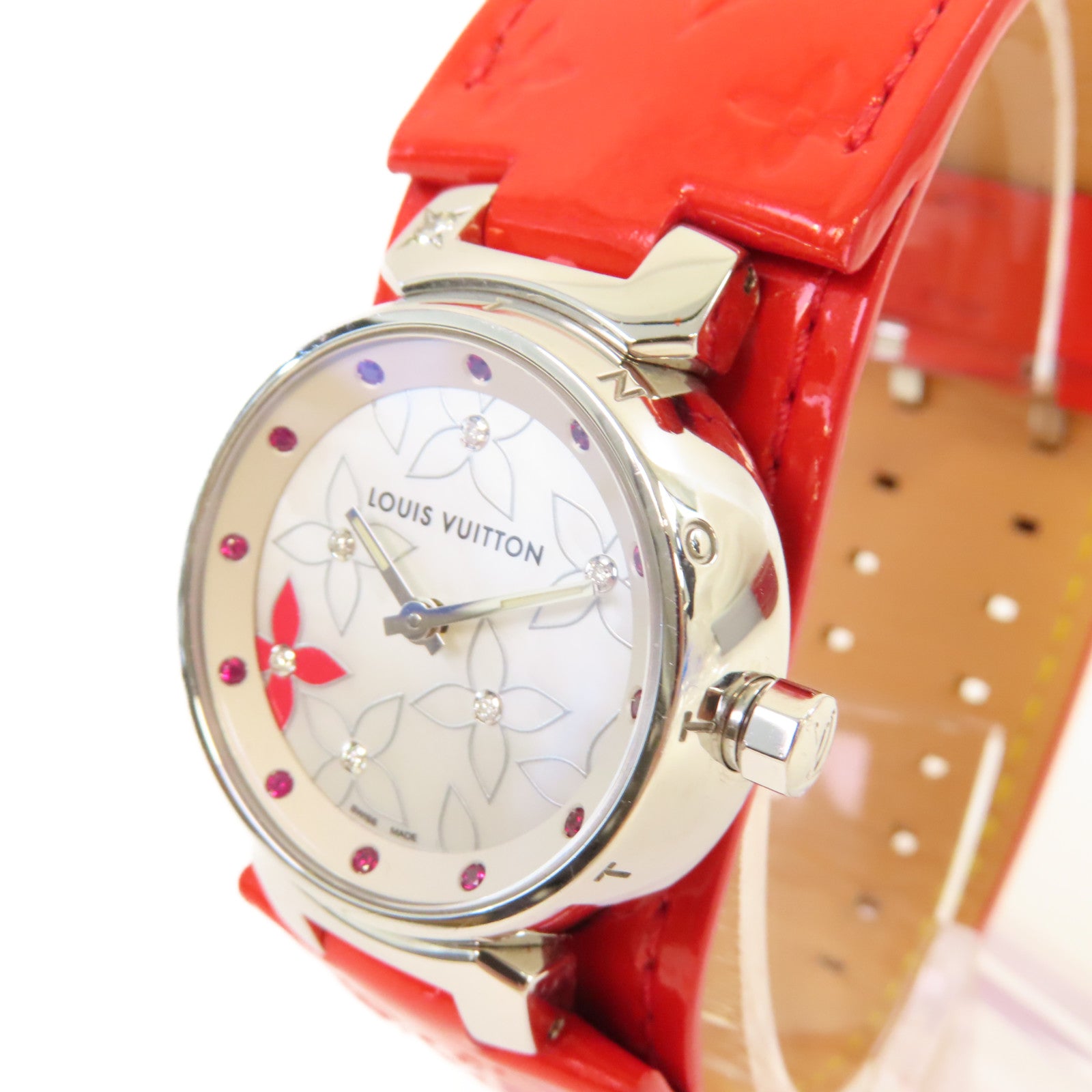 LOUIS VUITTON Monogram Vernis Tambour Lovely Rack Watch不鏽鋼/皮帶石英機芯手錶白色/紅色