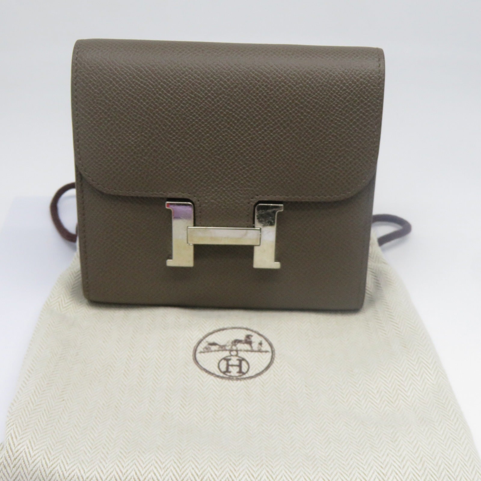 HERMES Epsom皮革Constance Compact Wallet銀扣錢包灰色