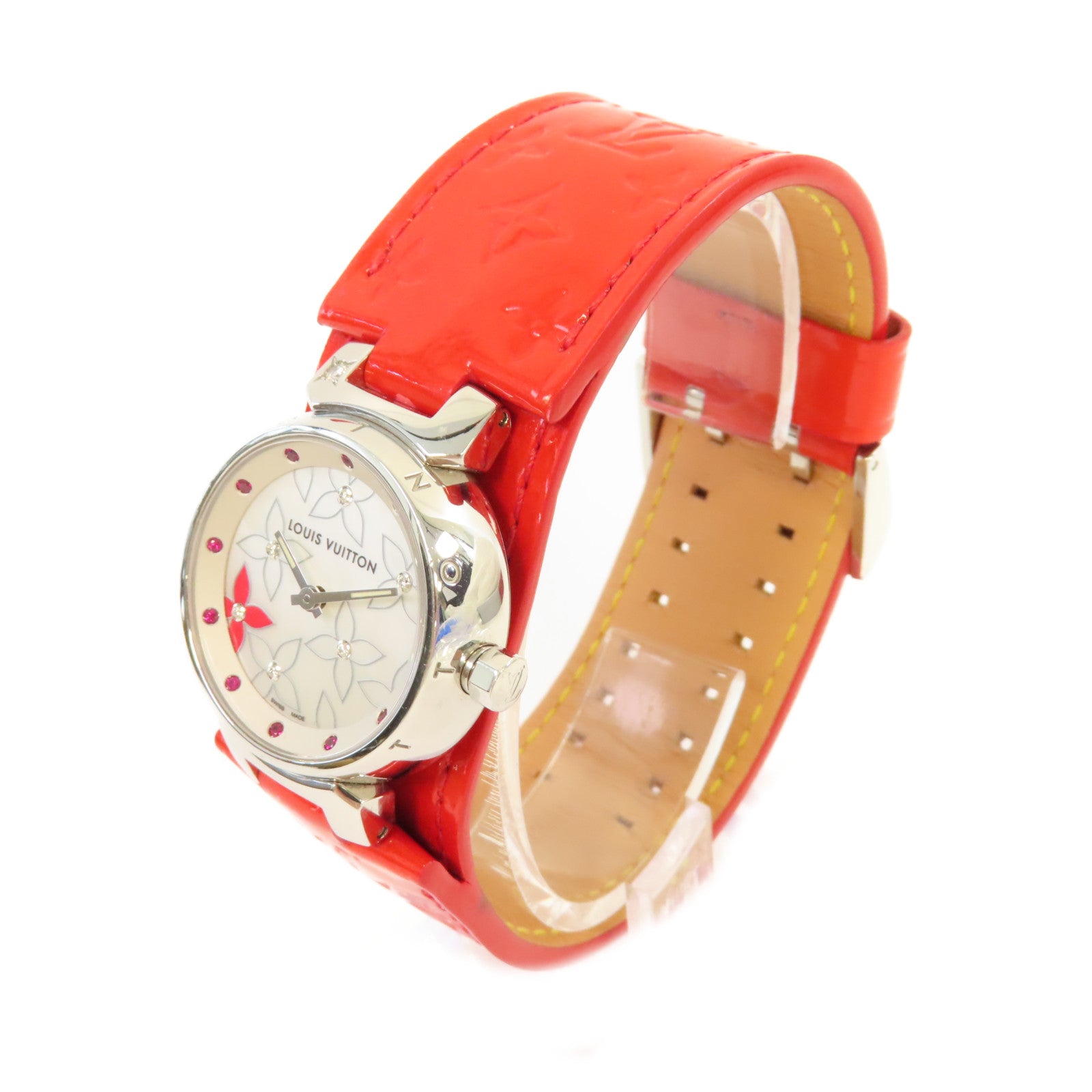 LOUIS VUITTON Monogram Vernis Tambour Lovely Rack Watch不鏽鋼/皮帶石英機芯手錶白色/紅色