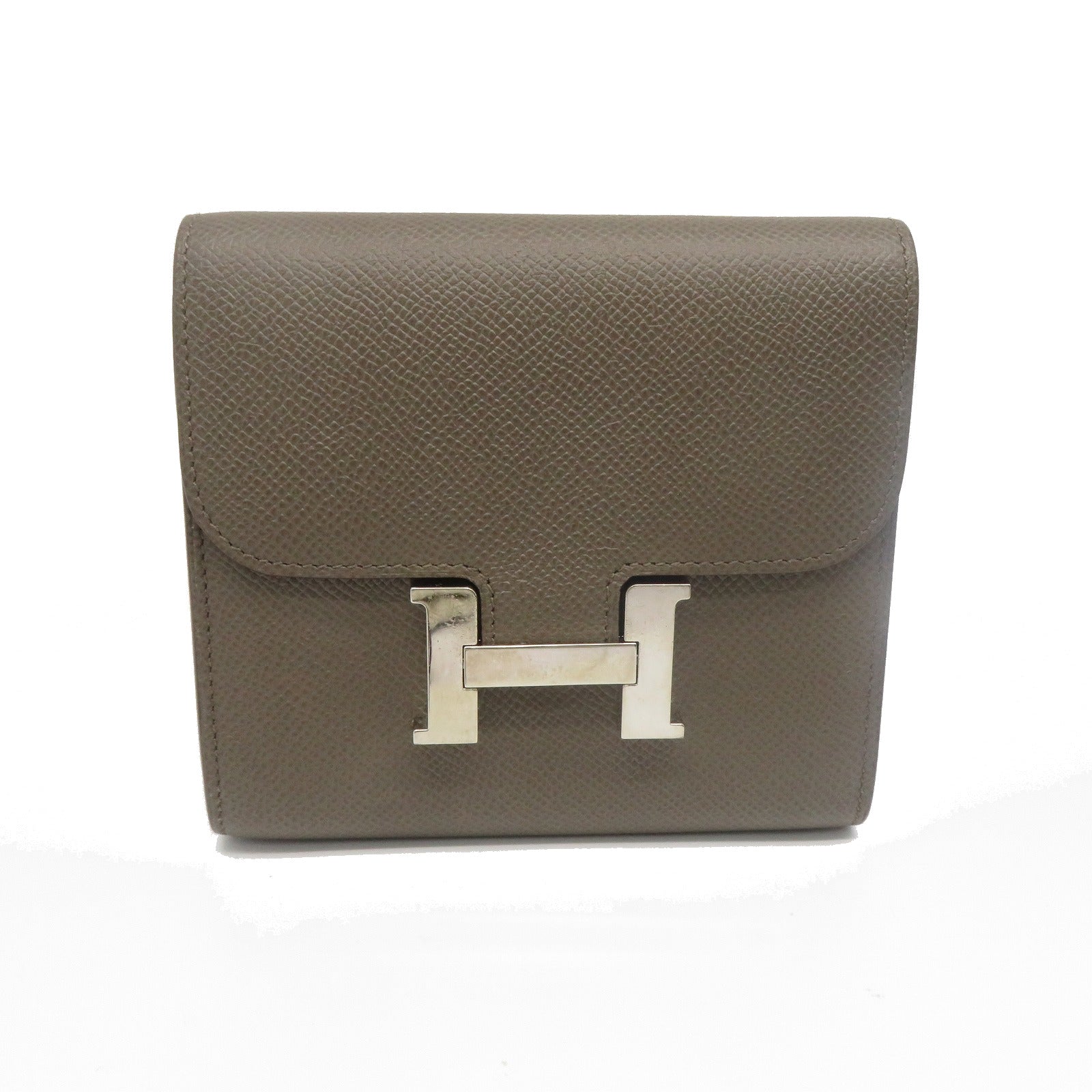 HERMES Epsom皮革Constance Compact Wallet銀扣錢包灰色