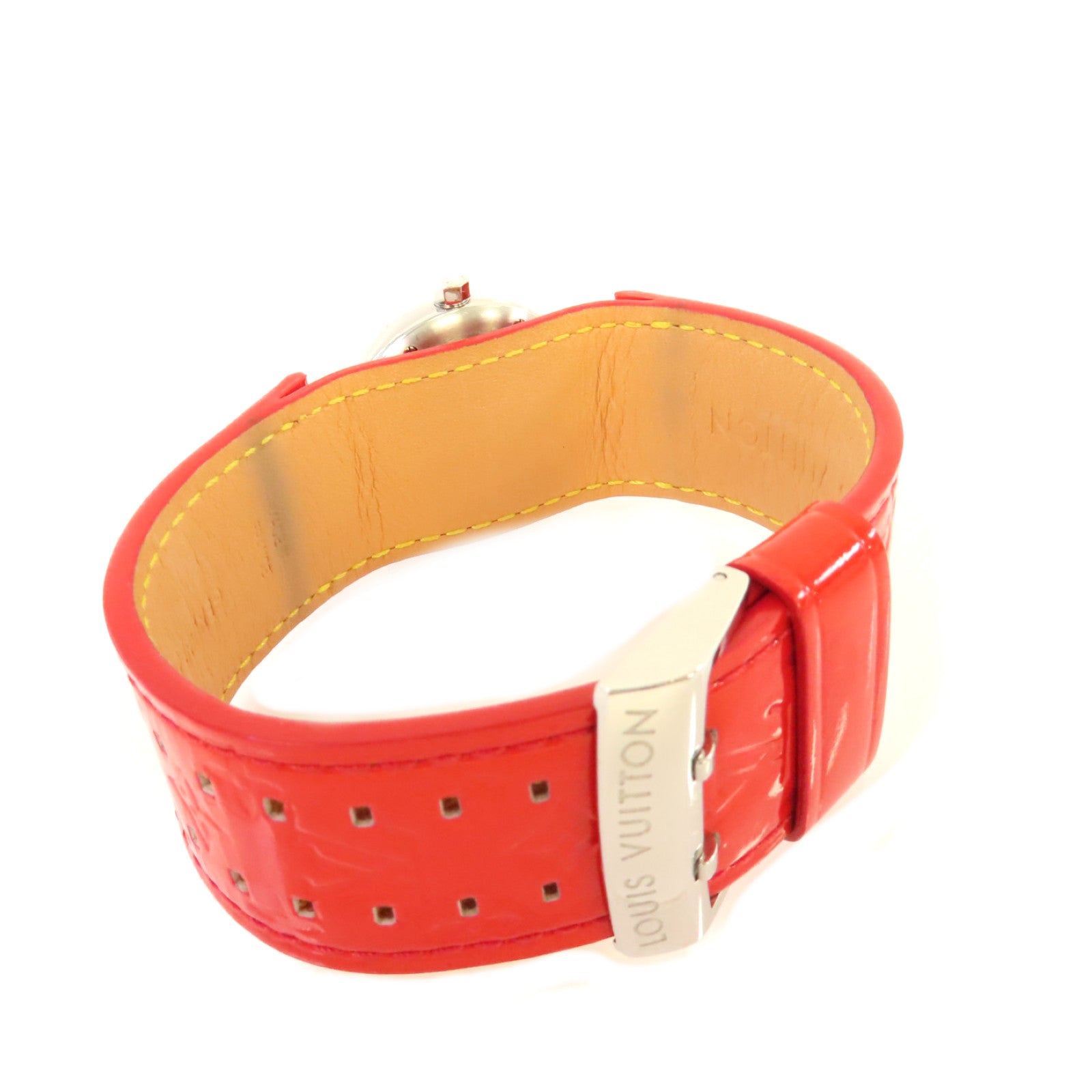 LOUIS VUITTON Monogram Vernis Tambour Lovely Rack Watch不鏽鋼/皮帶石英機芯手錶白色/紅色