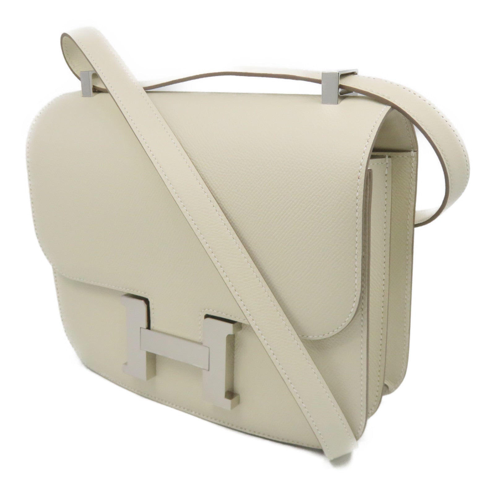 HERMES Epsom Leather Constance 24 Silver Buckle Chain Shoulder Bag White