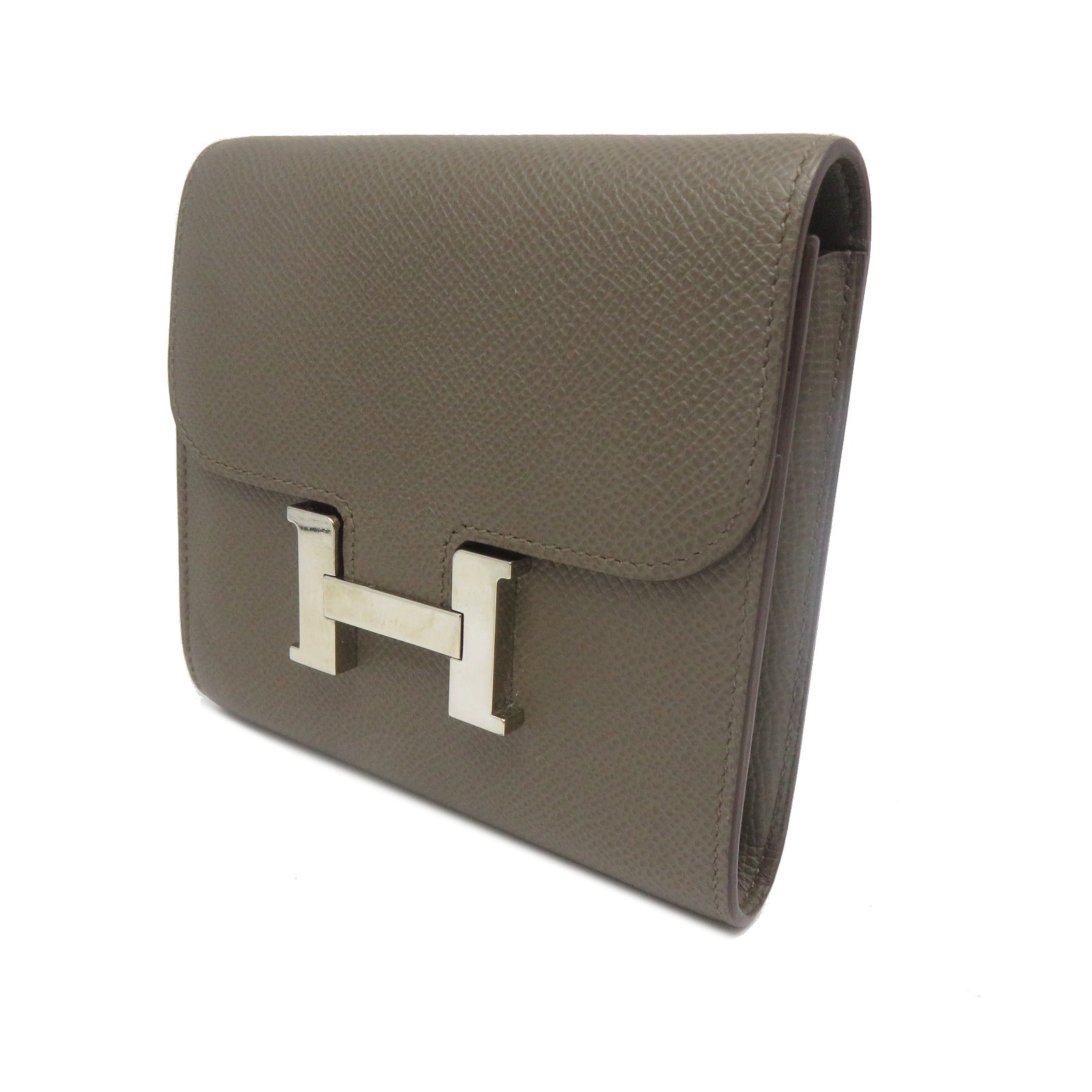 HERMES Epsom皮革Constance Compact Wallet銀扣錢包灰色