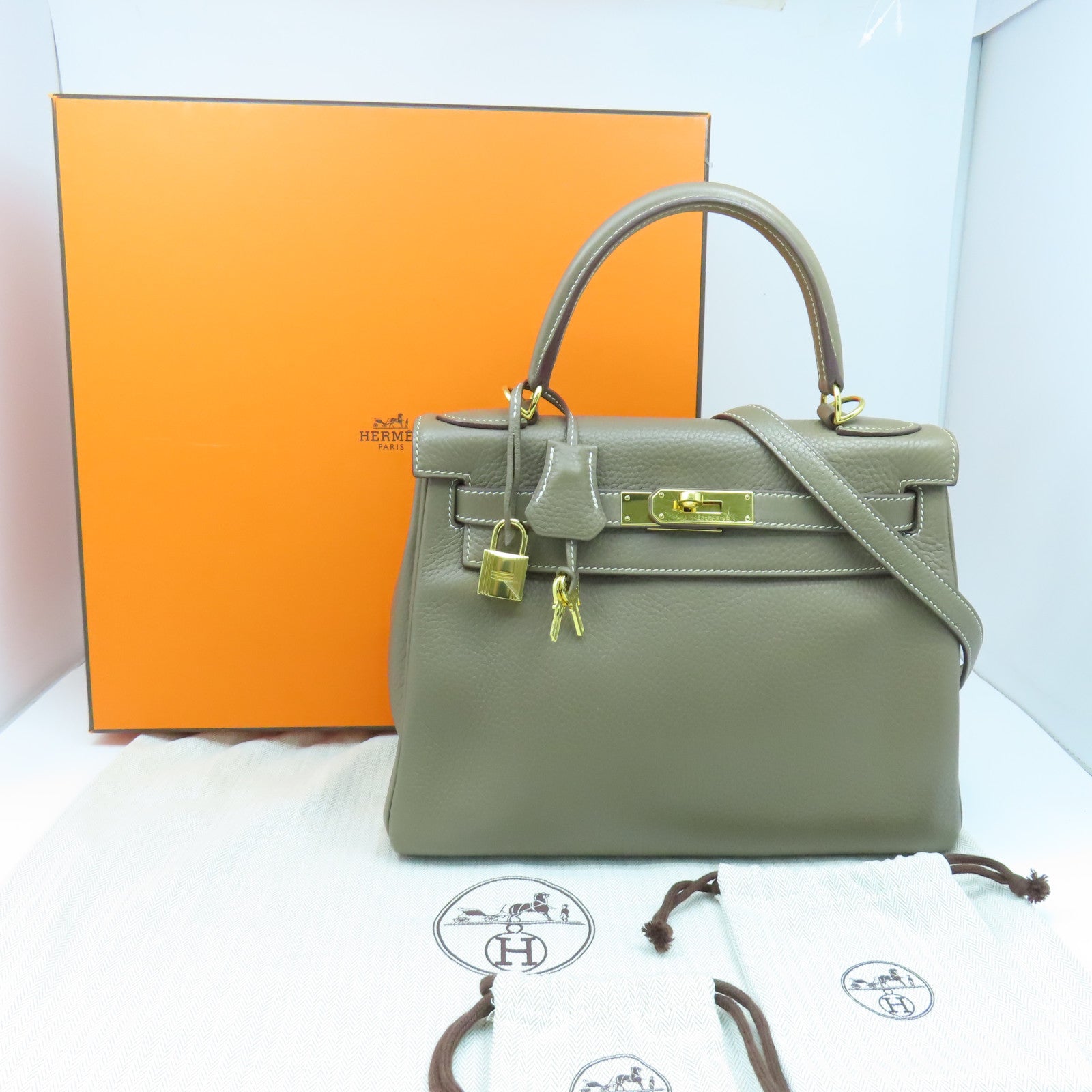 HERMES Clemence皮革Kelly 28金扣手挽肩背兩用袋大象灰色