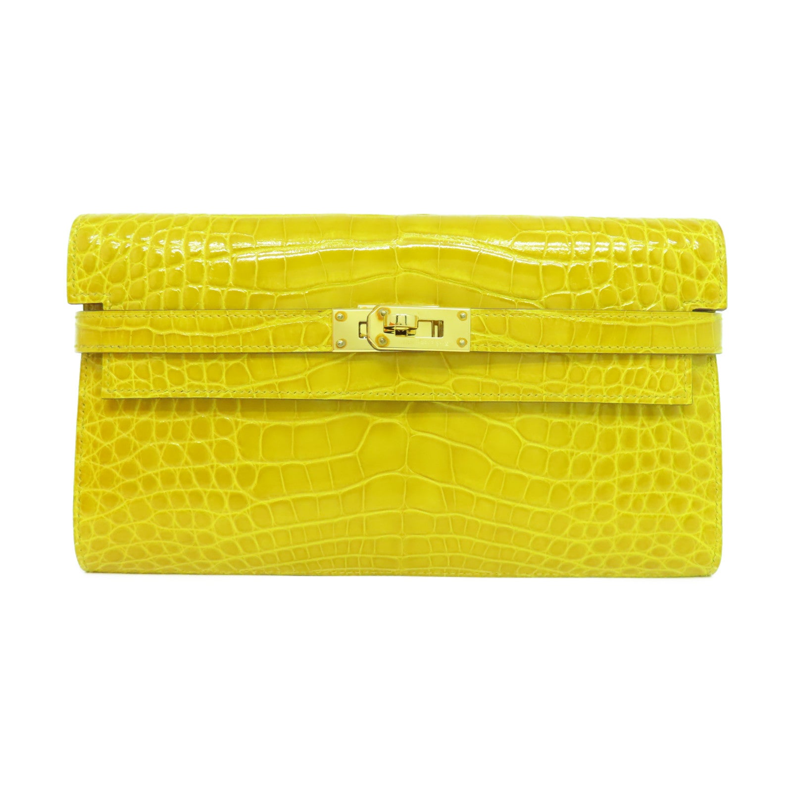 HERMES 鱷魚皮革Kelly Wallet金扣長錢包黃色