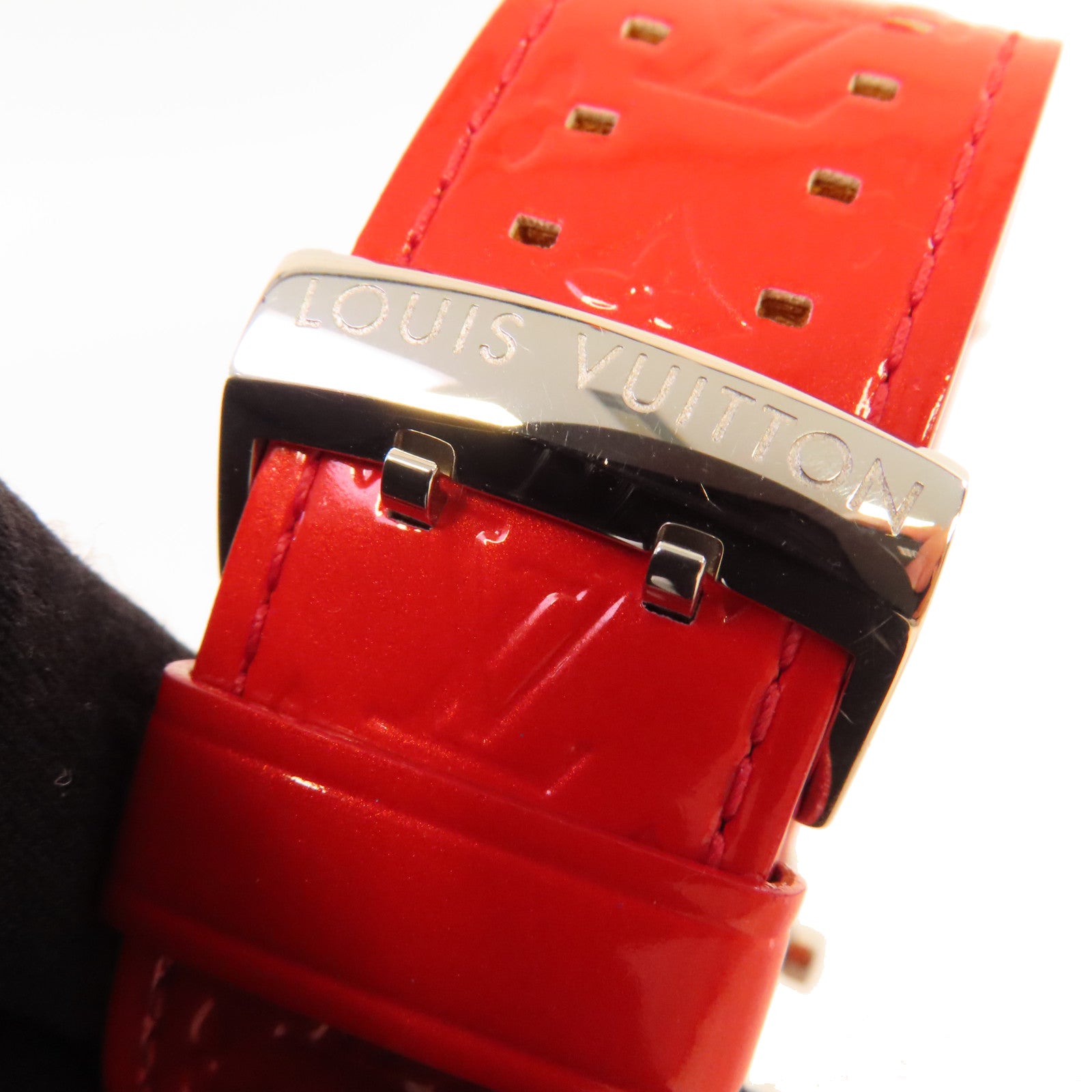 LOUIS VUITTON Monogram Vernis Tambour Lovely Rack Watch不鏽鋼/皮帶石英機芯手錶白色/紅色