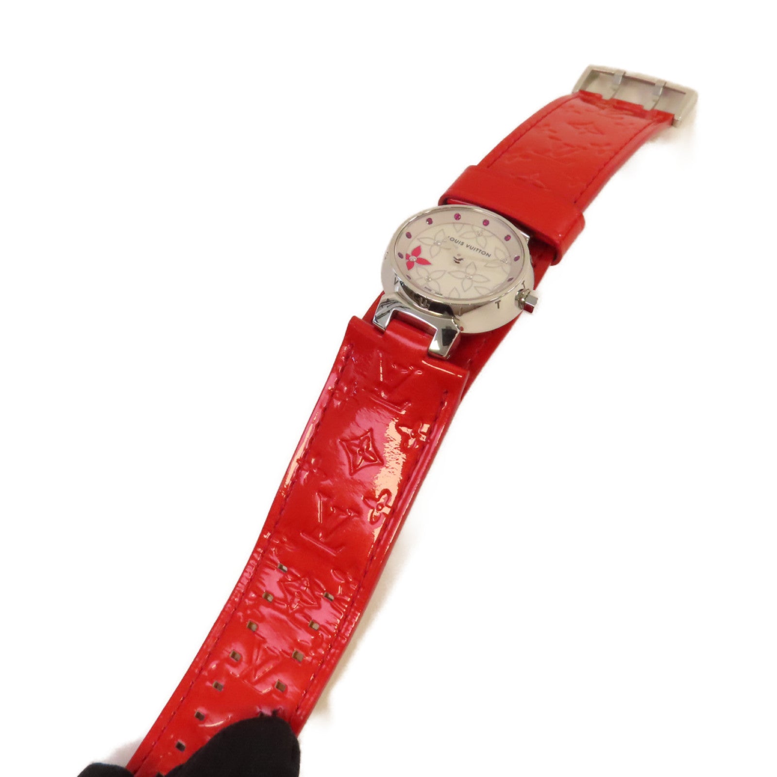 LOUIS VUITTON Monogram Vernis Tambour Lovely Rack Watch不鏽鋼/皮帶石英機芯手錶白色/紅色