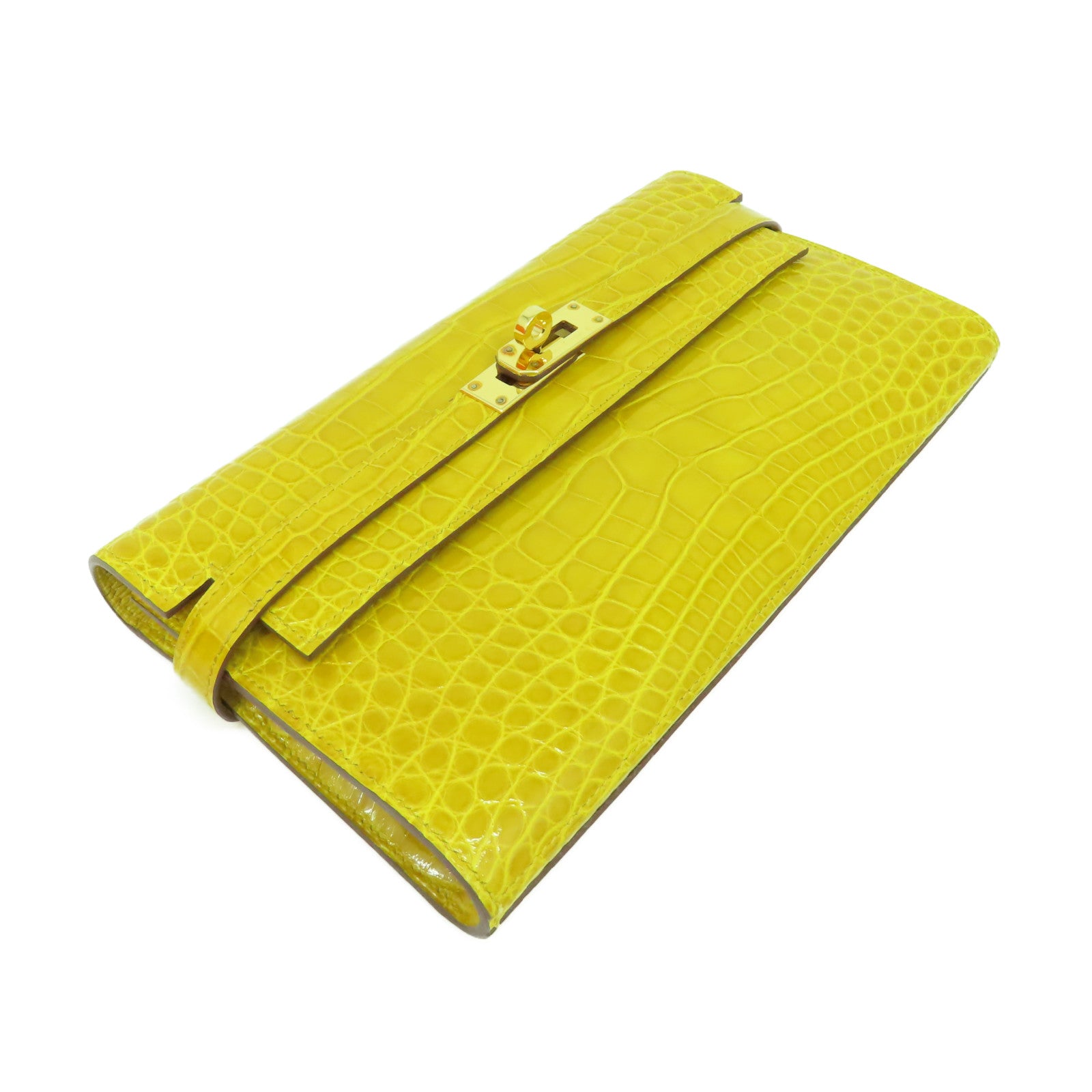 HERMES 鱷魚皮革Kelly Wallet金扣長錢包黃色