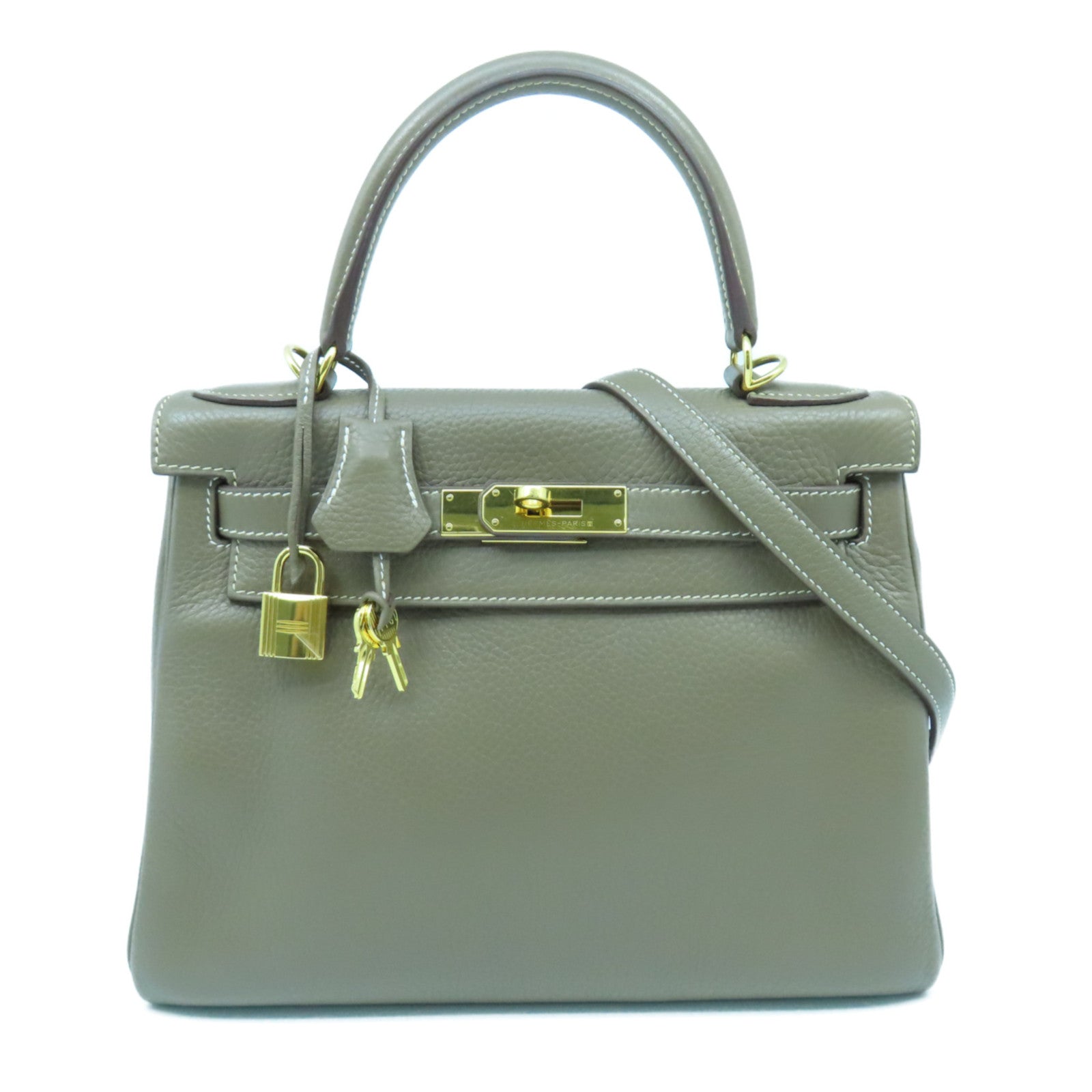 HERMES Clemence皮革Kelly 28金扣手挽肩背兩用袋大象灰色