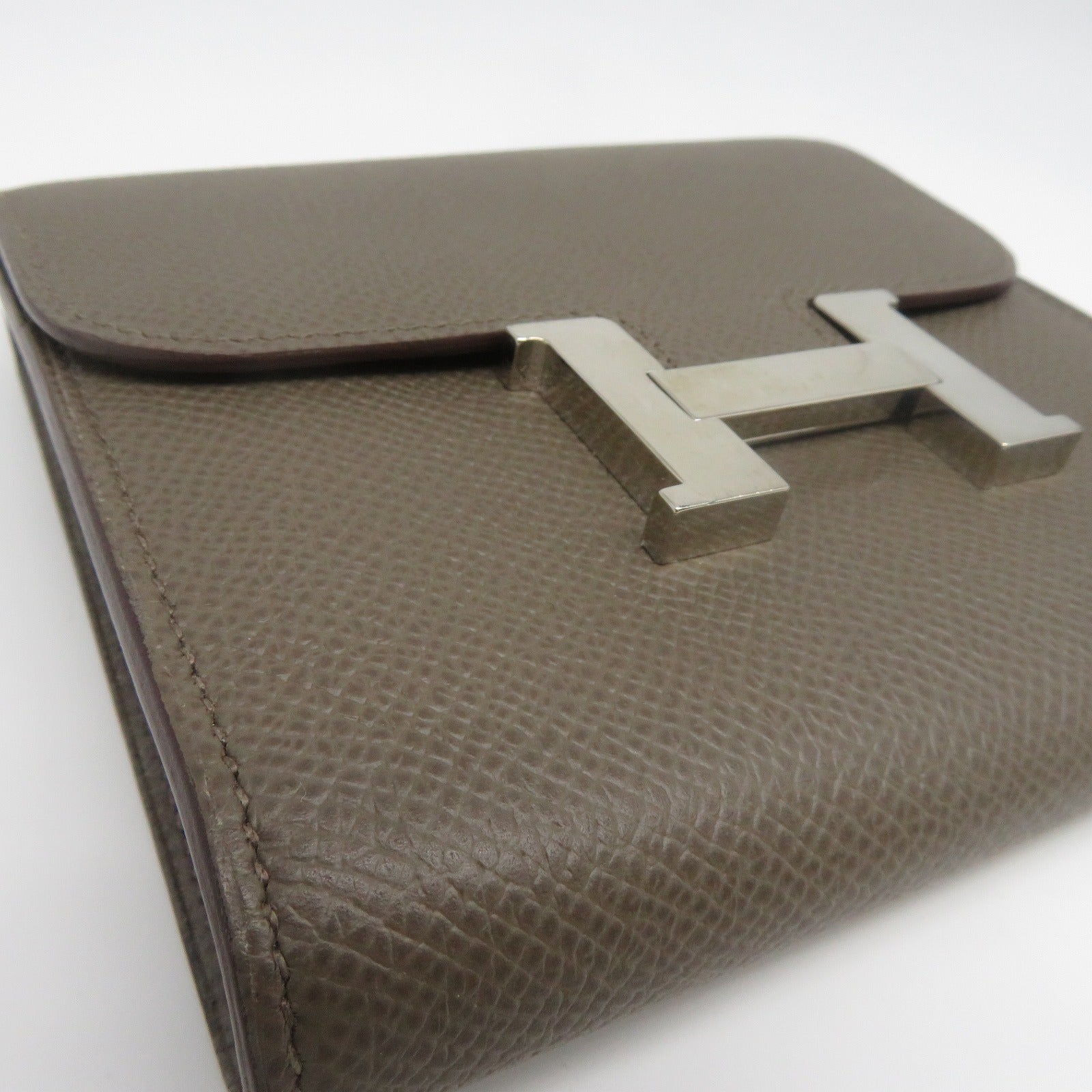 HERMES Epsom皮革Constance Compact Wallet銀扣錢包灰色