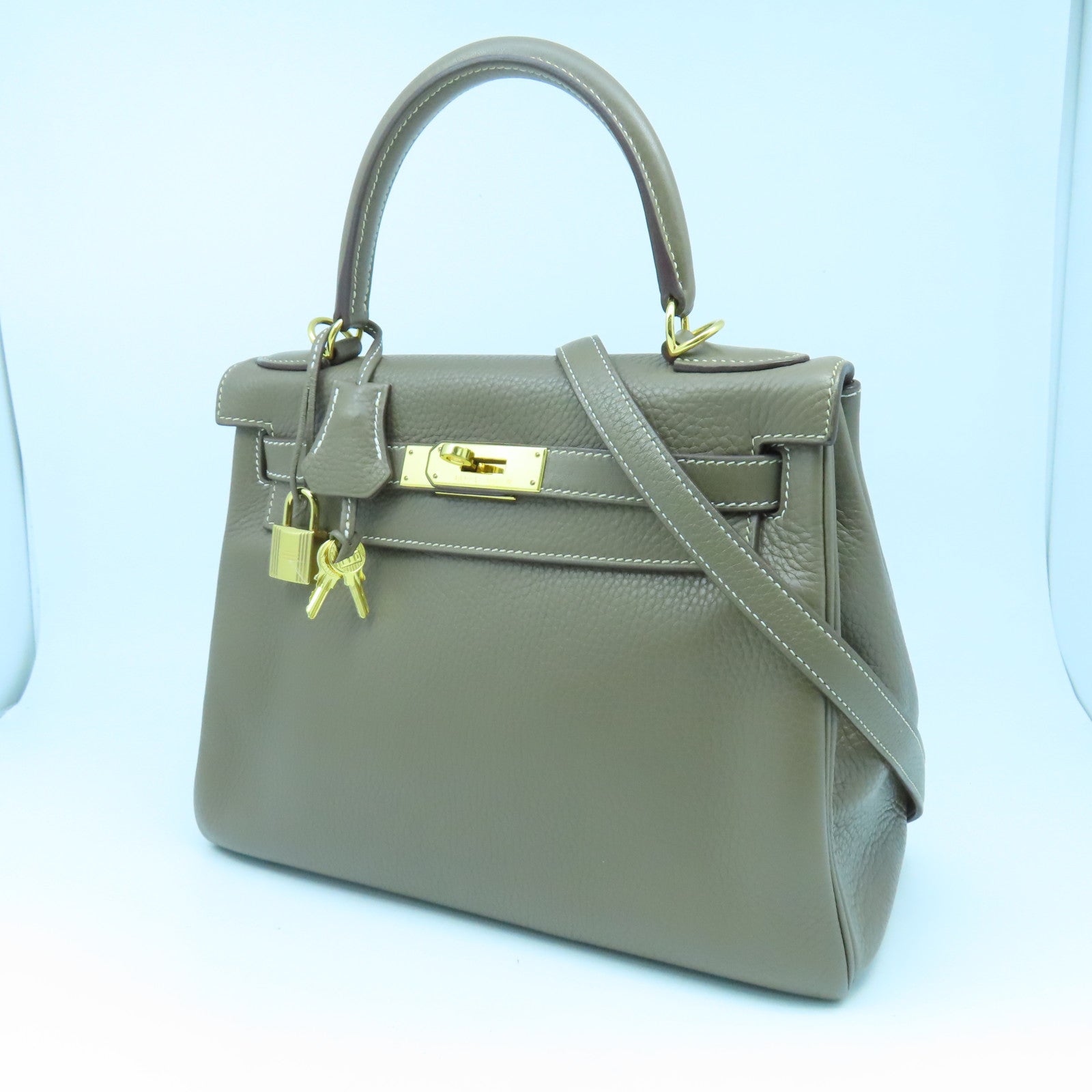 HERMES Clemence皮革Kelly 28金扣手挽肩背兩用袋大象灰色