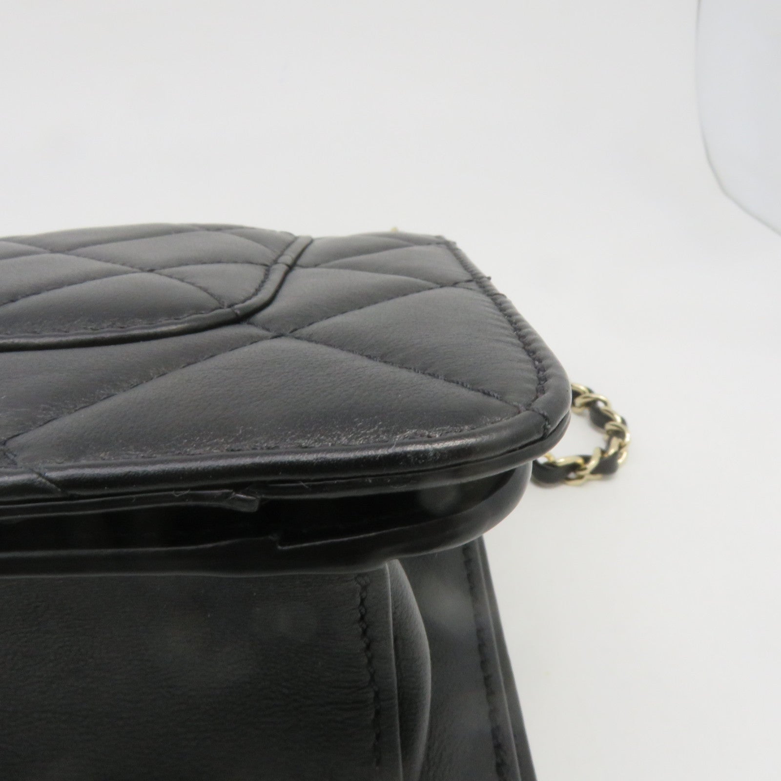 CHANEL 菱格羊皮皮革Chain Shoulder金扣鏈帶肩背袋肩背袋黑色